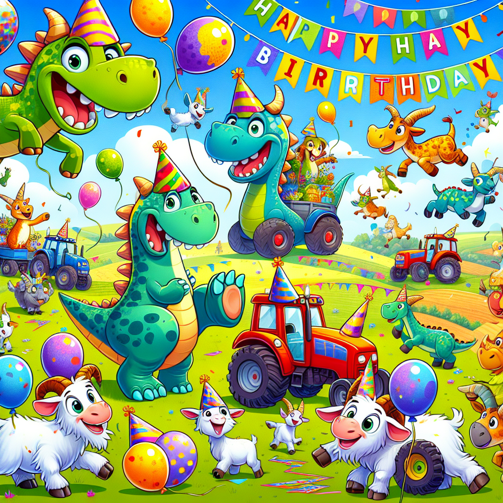 An amusing and energetic cartoon-style image of a birthday party theme comes to life. Playful, friendly dinosaurs of varying species wear festive party hats and interact joyfully within a landscape peppered with bright and multi-colored tractors. Exuberant goats, designed with a sprinkle of whimsy, participate in the revelry, leaping around and humorously snacking on birthday banners that are strewn across the vista. The entire party atmosphere is brimming with light-hearted tomfoolery and comical moments, adding a fun-loving dimension to the celebratory scene.
Generated with these themes: Dinosaurs, tractors, goats.
Made with ❤️ by AI.