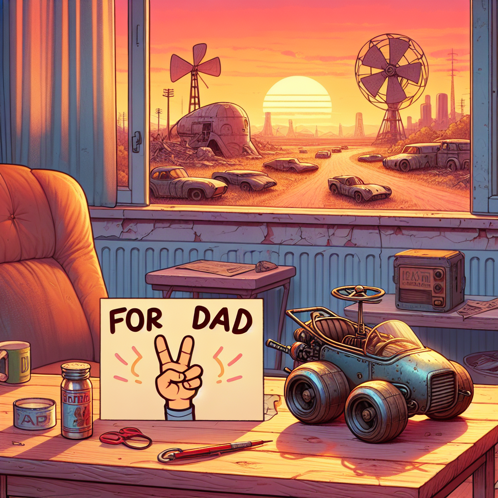 In this warmly colored illustration, you see a comfortable impromptu sanctuary which gives a feeling of a pseudo futuristic world from a vintage perspective. A small table bears an illustration for Father's Day with a cheerful 'Good luck' hand gesture sketch. Close by, a set of homemade toy cars that resemble miniature versions of atomic energy-powered vehicles from a parallel universe, are positioned as if ready for an imagined race. A touching message written next to them says 'For Dad', framed against the backdrop of a gently radiant sunset in a world recovering from devastation.
Generated with these themes: Fallout.
Made with ❤️ by AI.