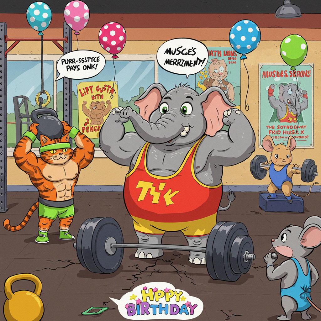 In this lively and whimsical birthday card illustration, imagine a cartoon-style gym bursting with vibrant color and detail, inspired by the playful and exaggerated features characteristic of artists like Charles Schulz and Bill Watterson. The scene captures a zany weightlifting competition where various cartoon characters, each with their own unique and exaggerated features, are engaged in humorous weightlifting antics.

The foreground features a charismatic, anthropomorphic elephant, sporting an oversized striped singlet in bold, contrasting colors of red and yellow. Its eyes are wide and comically expressive, and its trunk curls up as if flexing a muscle. In its trunk, it holds a cartoonishly large barbell with rainbow-colored weights. The weights are so exaggeratedly heavy that the floor beneath the elephant's feet is slightly cracked, adding a touch of humor.

To the left, a brawny, anthropomorphic cat with a tiny head and massive muscles is lifting a kettlebell. Its fur is a rich orange with black stripes, reminiscent of a tiger. It wears a neon green headband and matching sweatbands around its wrists. A speech bubble floats above it, filled with comic sans text saying, “Purr-sistence pays off!”

On the right, a tiny, determined mouse in a bright blue leotard is attempting to lift a dumbbell that’s twice its size. The dumbbell is comically huge compared to the mouse, painted in vibrant primary colors that match the rest of the scene. The mouse’s oversized ears droop slightly, adding a playful, endearing touch.

In the background, the gym walls are adorned with motivational posters featuring classic cartoonish motivational phrases like “Lift with Gusto!” and “Muscles & Merriment!” in vibrant, bold lettering. There are also exaggerated cartoon-style balloons in a mix of polka-dot patterns and solid bright colors—pinks, blues, and greens—hovering above, subtly tying into the birthday theme.

On the floor, scattered confetti and streamers in a myriad of bright colors—reds, yellows, and blues—create a sense of celebration, with a cake placed on a nearby bench press, its layers tall and wobbly, frosted in bright pink with multicolored sprinkles and candles that are lit with tiny, flickering cartoon flames.

The background is filled with energetic lines and dynamic motion streaks, echoing the lively action in the scene, giving the entire illustration a sense of movement and excitement. The ceiling is decorated with bunting flags in alternating vibrant colors, each flag featuring a tiny cartoon face with an exaggerated expression of surprise or excitement.

This colorful and exaggerated cartoon-style birthday scene is an explosion of color and imagination, blending humor and creativity to create a delightful greeting card cover that will surely bring smiles and laughter.
Generated with these themes: weight lifting.
Made with ❤️ by AI.