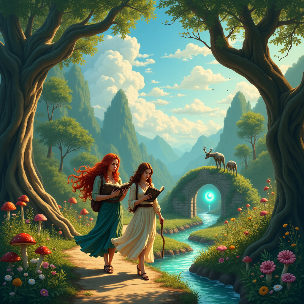 In the heart of a lush, fantastical forest that seems to have sprung from the pages of a Tolkeinesque tale, two adventurous women, each as vibrant as the world around them, tread along a winding path. The white woman, taller with flowing auburn hair that glistens like copper under dappled sunlight, carries an intricately carved walking staff. Her companion, a slightly shorter brown woman with a cascade of bouncy curls that catch the light in a halo of gold, balances a large leather-bound notebook in one hand and a quill in the other, jotting down notes with a whimsical flair. 

In the background, towering ancient trees with sprawling roots and leaves that shimmer in shades of emerald and gold create a natural cathedral. A family of gentle, mythical creatures resembling a cross between deer and dragons peeks out from behind the trees, their scales reflecting hues of sapphire and topaz. Nearby, a babbling brook meanders, its banks dotted with wildflowers and mushrooms of every conceivable color, providing a symphony of nature's best sounds.

Above this enchanted scene, the sky is an endless canvas where fluffy clouds have whimsically formed the words "Happy Birthday Alicia!" Each letter appears to have been crafted from strands of glittering stardust, twinkling against the azure expanse. On a nearby hillock, an ancient stone archway frames a glowing portal, suggesting more adventures just over the horizon. Scattered around the women are a few more open notebooks, each filled with scribbles, sketches, and pressed flowers, hinting at their journey's discoveries. This captivating blend of fantasy and celebration creates a uniquely personal tribute to Alicia on her special day.
Generated with these themes: A fantasy world that is tolkeinesque with two women, one white one brown slightly shorter and pretty with curly hair, travelling and writing in notebooks.
Made with ❤️ by AI.