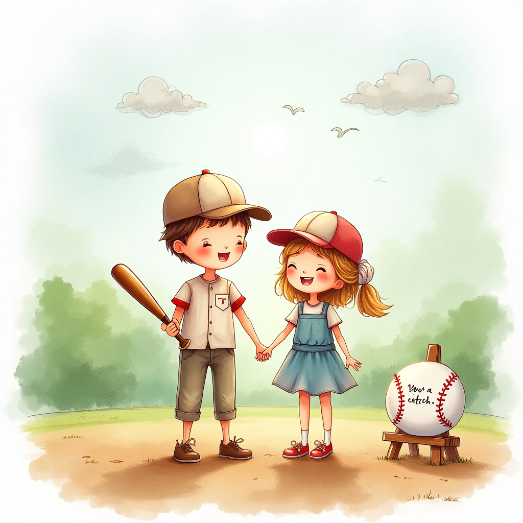 **Prompt for Image Creation:**

At the top of the Watercolor Style image, include the text: "Happy Monthaversary Baby! 💕"

**Scene Description:**

Imagine a dreamy watercolor scene set in a sun-dappled baseball field. In the foreground, two gentle figures, a loving couple, stand side by side, each wearing a vintage baseball cap and holding a baseball bat. They are mid-laugh, capturing a moment of shared joy and affection.

The background is a wash of soft greens and earthy browns, representing the lush outfield. The delicate watercolor style brings a sense of lightness and romance to the scene, with subtle gradients capturing the warmth of the afternoon sun. Above them, faint outlines of whimsical clouds dance in the soft blue sky, creating an airy and uplifting atmosphere.

To the side of the couple, a whimsical detail: a baseball perched on a small easel with the words "You’re a catch!" painted in a playful font, enhancing the romantic baseball theme.

This serene and heartwarming image perfectly embodies the spirit of romance and celebration, making it an ideal choice for a heartfelt anniversary greeting card.
Generated with these themes: Baseball, and .
Made with ❤️ by AI.