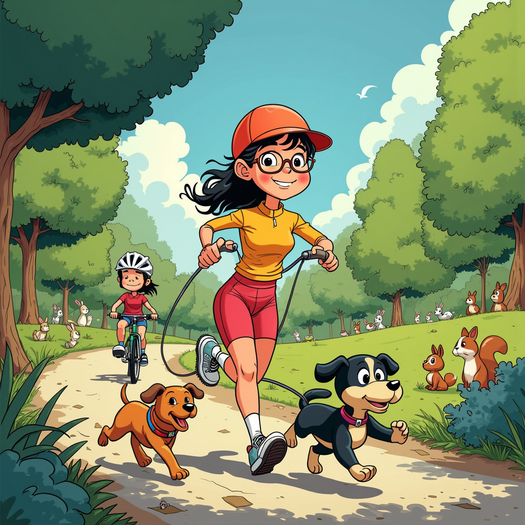 The scene is a vibrant, whimsical park setting, alive with action and packed with details. In the foreground, your friend is depicted in cartoon form, a mashup of influences from Charles Schulz and Bill Watterson, with exaggerated expressions and animated motion lines. She’s multitasking brilliantly—on her left, she's holding two energetic dogs on leashes, one resembling a Snoopy-like beagle and the other a small, fluffy dog reminiscent of a Calvin and Hobbes stuffed animal brought to life.

Your friend is mid-run, captured in a dynamic pose with one leg extended forward and the other kicking back, emphasizing her love for running. She's donned in a bright, sporty outfit—think a mix of the vibrant colors from Hergé’s Tintin and the sleek athletic gear from Disney's modern characters. Her face shows a joyful, determined expression, blending Gary Larson's playful humor with Osamu Tezuka’s expressive eyes.

In the background, to the left, there's a picturesque bike path winding through the park, with a stylized, Eisner-esque perspective. On the bike path, another version of your friend is cycling, this time in a classic cycling outfit, complete with a streamlined helmet and sunglasses. Her bike is a vintage, streamlined model, evoking R. Crumb’s attention to intricate details and the retro feel of Winsor McCay’s work. Her posture is perfect, leaning slightly forward, hands gripping the handlebars firmly, indicating speed and focus.

Further back, the park is dotted with playful, cartoonish trees and bushes, each with a unique shape and color palette inspired by Art Spiegelman’s eclectic backgrounds in "Maus." To the right, there's a group of friendly animals—rabbits, birds, and squirrels—all drawn with a touch of Disney’s charm, watching the energetic scene with amusement. There's even a quirky nod to Osamu Tezuka with a small robot dog in the mix, looking after the real dogs with its metallic, yet friendly demeanor.

The sky above is clear and blue, with fluffy, exaggerated clouds that seem almost touchable, reminiscent of the dreamy landscapes in Little Nemo in Slumberland. Above the scene, a whimsical banner in playful, hand-drawn lettering reads "Thank You!" with stars and small hearts, capturing the essence of Will Eisner’s creative typography.

This dynamic, humorous scene tells a vivid story of your friend's passions and quirks, making it a unique and memorable thank-you card.
Generated with these themes: She likes looking after my dogs, she like running and cycling .
Made with ❤️ by AI.