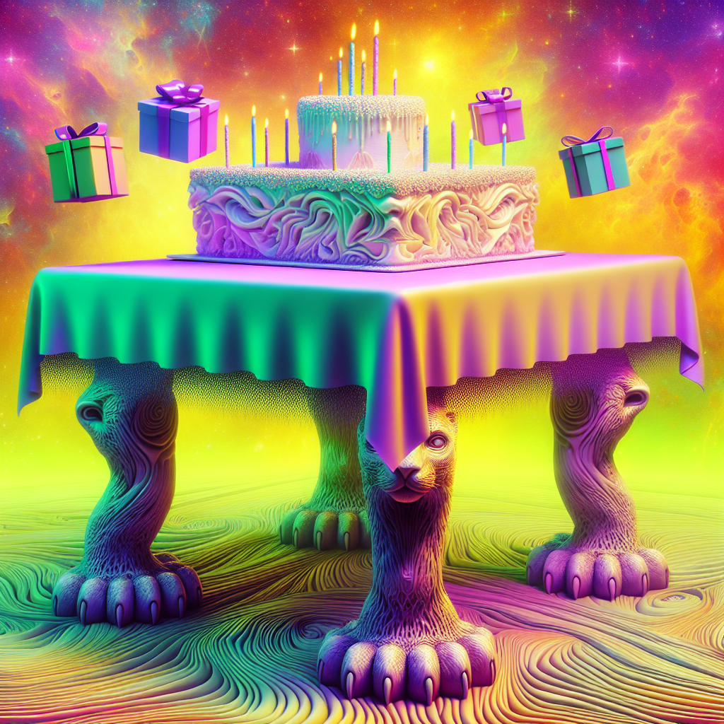 Visualize a surreal dreamscape that is a fusion of eccentricity and the core elements of a birthday party. In this dreamscape, the atmosphere radiates with vivid, alien hues. There's a table that appears to challenge the laws of gravity; on it rests an oddly-shaped cake and floating presents. Interestingly, the table doesn't rest on regular stands but instead, on carved leopard feet located at its corners, each defined by an elaborate design that underscores the wild spirit of the celebration.
Generated with these themes: Leopards feet .
Made with ❤️ by AI.