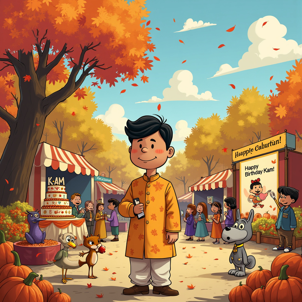 In the center of a vibrant autumn park, a large recruitment fair is underway, teeming with quirky cartoon characters who are part of the Indian Culture and Autumn Lover themes. Picture Kam, a cheerful character dressed in a traditional kurta with autumn leaves intricately embroidered on it, standing at the entrance to the fair. Surrounding Kam, there are numerous recruitment booths, each uniquely styled to represent different career opportunities.

One booth, draped in autumn leaves, is manned by an owl wearing glasses and holding a clipboard, recruiting forest rangers. Another booth, showcasing a grand, ornate mandap decorated with marigolds and autumn leaves, is offering jobs in event planning for Indian weddings. 

In the background, a majestic peepal tree, with its leaves turning shades of gold and red, has branches that spell out "Happy Birthday Kam" in swirling, leafy fonts, reminiscent of the Peanuts’ delicate line work. 

Under the tree, a cartoon elephant adorned with traditional Indian attire is blowing a party horn, while a playful squirrel wearing a recruitment badge is handing out flyers shaped like autumn leaves.

To the left, there's a table with a huge birthday cake decorated in autumn colors—orange, yellow, and brown—with tiny marzipan pumpkins and sugar maple leaves, and the top tier spells out "Kam" in golden icing. 

Nearby, a line of applicants—ranging from a cartoon peacock holding a resume to a monkey in a tie—are enthusiastically chatting about their job prospects, adding a touch of Calvin and Hobbes' whimsical detail. 

Overhead, the sky is a crisp blue with fluffy clouds shaped like traditional Indian motifs—paisleys and lotus flowers—slowly floating by, with one cloud cleverly shaped into the word "Kam."

In the bottom right corner, a large recruitment poster features a cartoon caricature of Kam holding a sign that says, “Join the Fun! Happy Birthday Kam!”

All elements are rich in color and detail, blending Indian cultural symbols with autumnal beauty and a playful recruitment fair atmosphere, ensuring the card is a joyous celebration of Kam's special day.
Generated with these themes: Indian Culture , Autumn Lover , and Recruitment .
Made with ❤️ by AI.