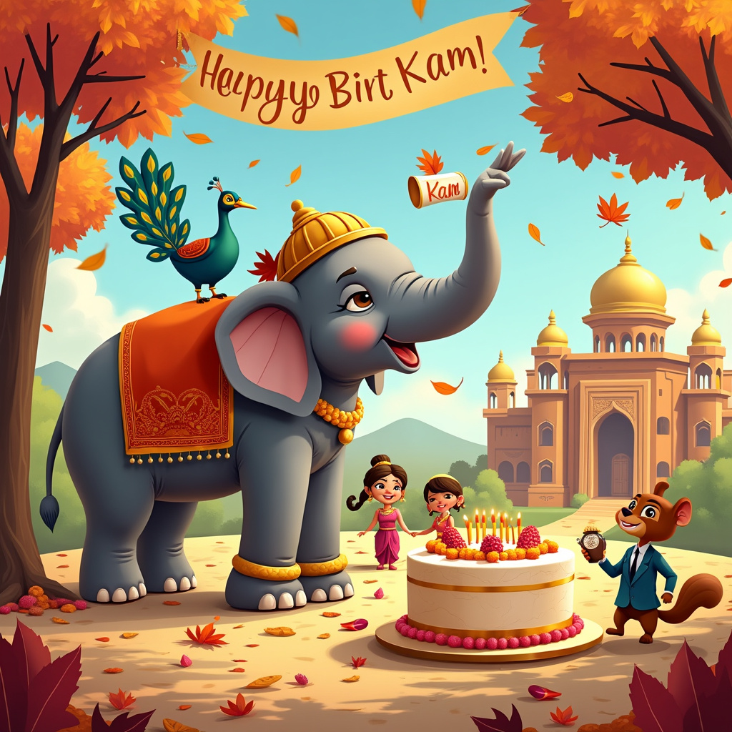Picture this whimsical birthday scene for Kam, rich with Indian culture, autumn vibes, and a nod to recruitment. 

In the foreground, a cheerful, cartoon elephant adorned in vibrant, traditional Indian attire – complete with a golden headpiece, colorful blanket, and anklets – is joyfully lifting its trunk to blow a playful autumn leaf into the air. Perched on the elephant’s back is a lively, animated peacock, feathers fanned out in a dazzling display of blues and greens, holding a rolled-up scroll in its beak with the word "RECRUIT" printed on it. The elephant stands under a large tree with leaves painted in warm autumn hues of orange, red, and yellow, some leaves falling gently around them.

To the left, a group of animated characters dressed in traditional Indian clothing, including a sari-clad woman and a dhoti-wearing man, are engaged in a dance. The ground is a mosaic of scattered leaves and rangoli patterns, blending Indian culture with autumn seamlessly.

In the background, a recruitment office designed like a grand, traditional Indian palace is visible, its golden domes and intricate carvings standing out. Above the palace, in the clear sky filled with scattered clouds, a banner made of colorful marigold flowers spells out "Happy Birthday Kam!" in bold, festive letters.

Near the bottom of the scene, a large, elaborately decorated birthday cake sits on a table surrounded by more autumn leaves and Indian sweets like jalebi and ladoo. On the cake, written in icing, is "Kam" again, making sure the recipient's name stands out.

On the side, a comical cartoon character in a suit and tie is holding a large stack of resumes, with one floating down, showing an image of Kam's face, indicating he’s the top recruit. A friendly squirrel, wearing a tiny recruiter’s badge, hands the character an acorn as if to say, “You’ve found the best!”

Every element of the scene is bustling with detail and liveliness, creating a joyful and engaging birthday greeting for Kam, blending cultures, seasons, and professions into a delightful visual story.
Generated with these themes: Indian Culture , Autumn Lover , and Recruitment .
Made with ❤️ by AI.