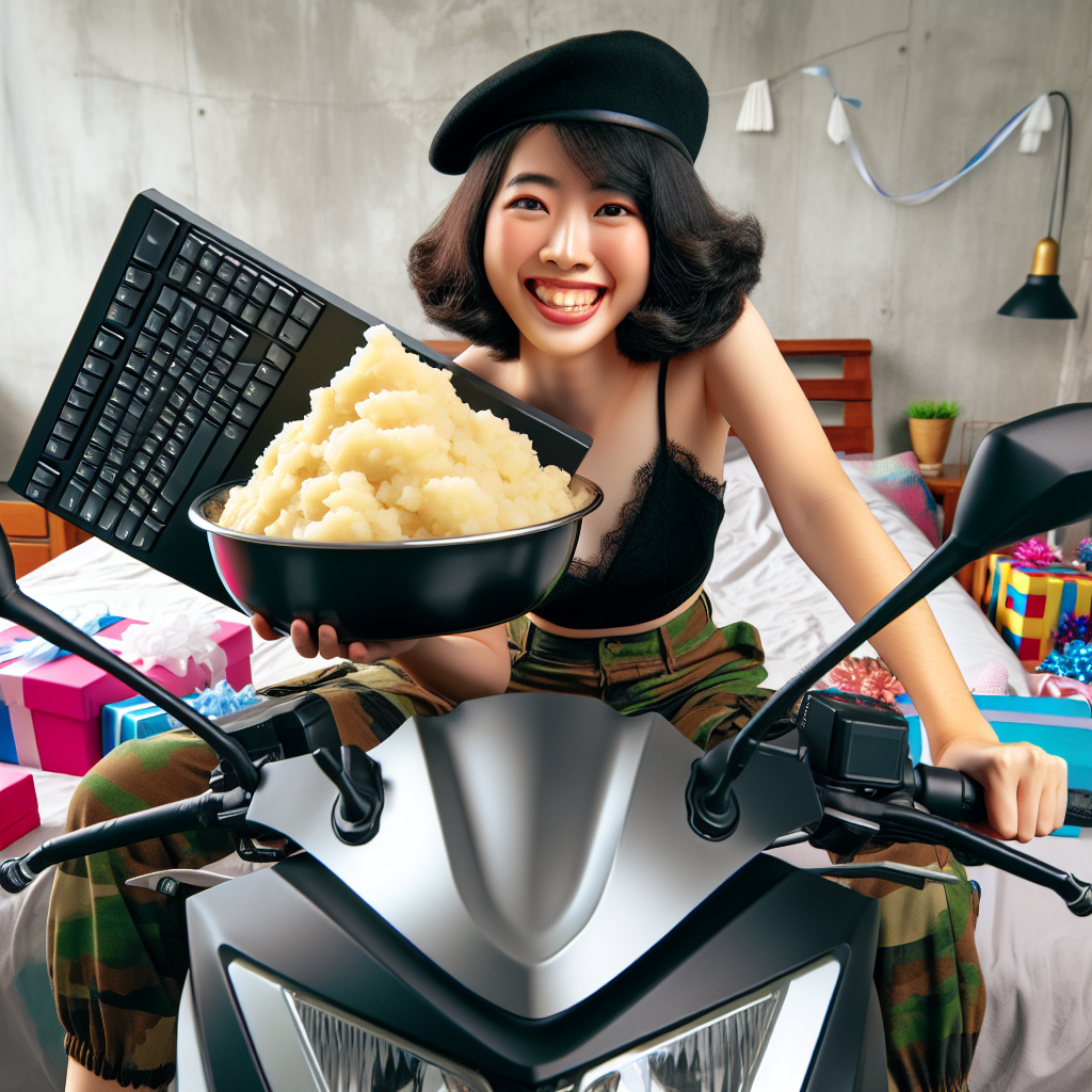 18, Mashed potatoes , Motorbike , Black military cap , Computer keyboard , and Bed Birthday Card
