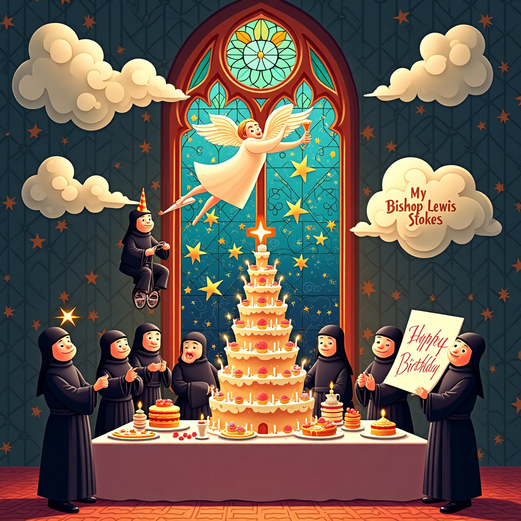 The scene unfolds in a whimsical cathedral-like setting that marries the grandeur of religious architecture with the light-hearted spirit of a birthday celebration. The card's focal point is an intricately designed stained glass window, reminiscent of the vibrant works of Malika Favre and Orlando Arocena. In this window, a comically exaggerated depiction of an angel with a party hat blows a trumpet. The notes from the trumpet float through the air as colorful streamers spelling out "Happy Birthday Bishop Lewis Stokes," seamlessly integrated into the intricate patterns of the stained glass.

Below the window, a long banquet table stretches across the scene, laden with an assortment of cakes and pastries that echo the vivid vector styles of Cristiano Siqueira and Matt W. Moore. A towering birthday cake, flamboyantly decorated with icing that mimics the swirling motifs of Joshua Davis, proudly sits at the table's center. Its top tier is adorned with a miniature stained-glass cathedral, with tiny LED lights that twinkle like stars.

In the foreground, caricatured monks, each resembling a quirky, cartoonish creation by Von Glitschka, are playfully engaging in birthday activities. One monk balances precariously on a unicycle while juggling candles, while another is caught in the act of sneaking a fingerful of icing from the cake. A third monk, using a massive feather quill, writes "Bishop Lewis Stokes" on a gigantic birthday card, the letters curving and swirling like the intricate lines of Patrick Seymour’s work.

Floating above this jubilant scene, ethereal clouds shaped like angelic halos move slowly across the sky, their outlines defined by the bold and clean lines of Lisa Lopuck. In the largest cloud, the name "Bishop Lewis Stokes" is inscribed in an elegant, hand-lettered style, seamlessly blending the earthly celebration with a celestial touch.

The background features a tapestry of geometric patterns in vivid hues, inspired by Yulia Sokolova and Geo Law, lending a sense of unity and harmony to the various elements of the scene. Together, these components create a quirky and enchanting birthday scene, full of color and life, celebrating Bishop Lewis Stokes in a unique and memorable way.
Generated with these themes: Religious.
Made with ❤️ by AI.