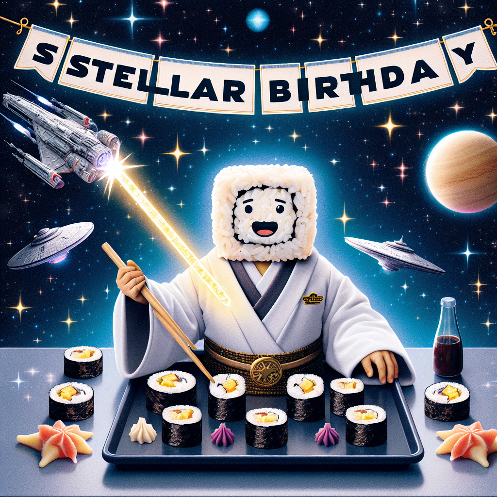 The image portrays a delightful space-themed birthday scenario where an endearing sushi surrogate adorns a robe reminiscent of space knights and wields a chopstick that glows with energy like a sword from a popular space opera. The backdrop sparkles with stars, nebulas, and far-off galaxies, while a nondescript science fiction spaceship tranquilly drifts by. A banner hovers above, offering 'Stellar Birthday' wishes, with each letter fashioned to resemble iconic imagery from a popular space opera.
Generated with these themes: Sushi, Sci fi, Star Wars, Star Trek, and Astronomy.
Made with ❤️ by AI.