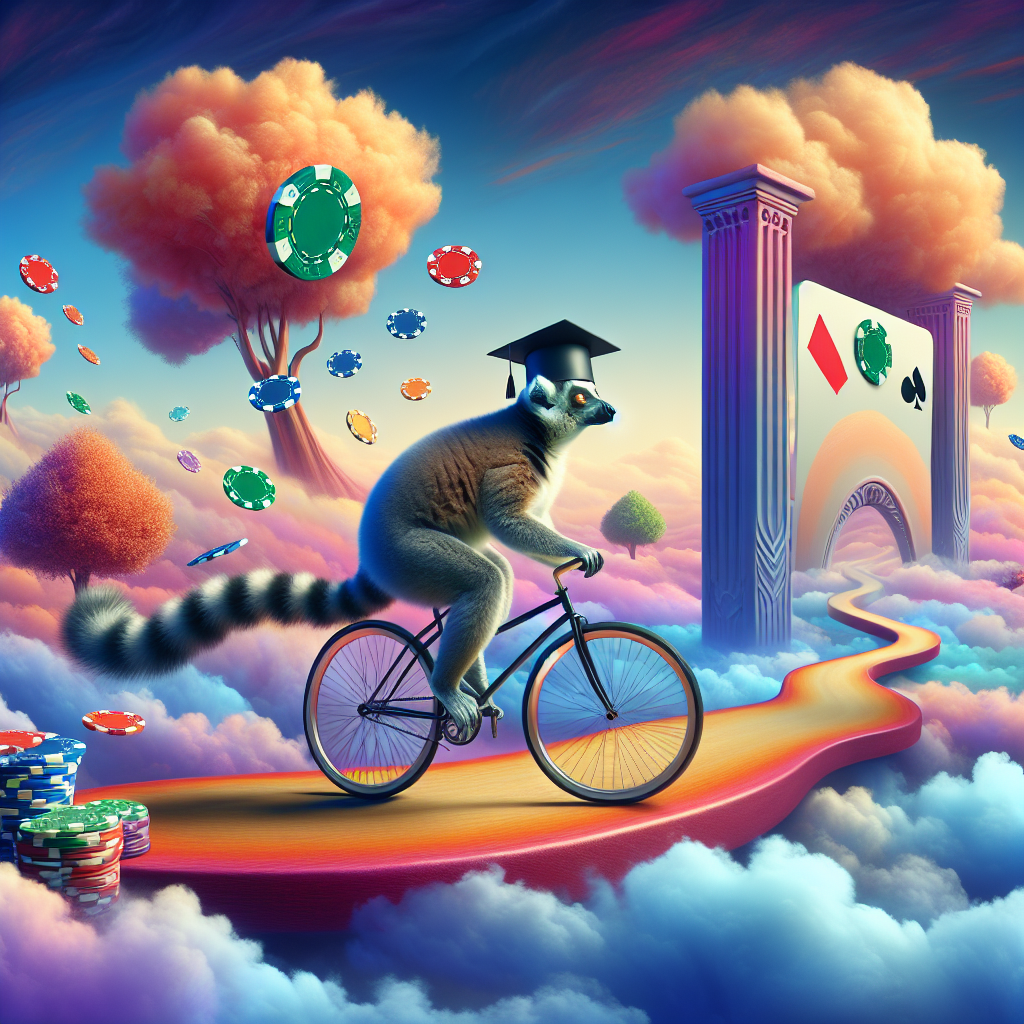 Witness a vivid dreamland rich with colors. There, a sophisticated lemur wearing a graduation cap cycles expertly over a landscape resembling an immense poker table. As the lemur cycles along, poker chips and playing cards are scattered in its path. The destination of this uncanny journey is a towering graduation archway standing amongst soft, floating clouds, signifying a momentous achievement with a surreal sense of celebration.
Generated with these themes: Graduation , Lemur , Poker , and Cycling .
Made with ❤️ by AI.