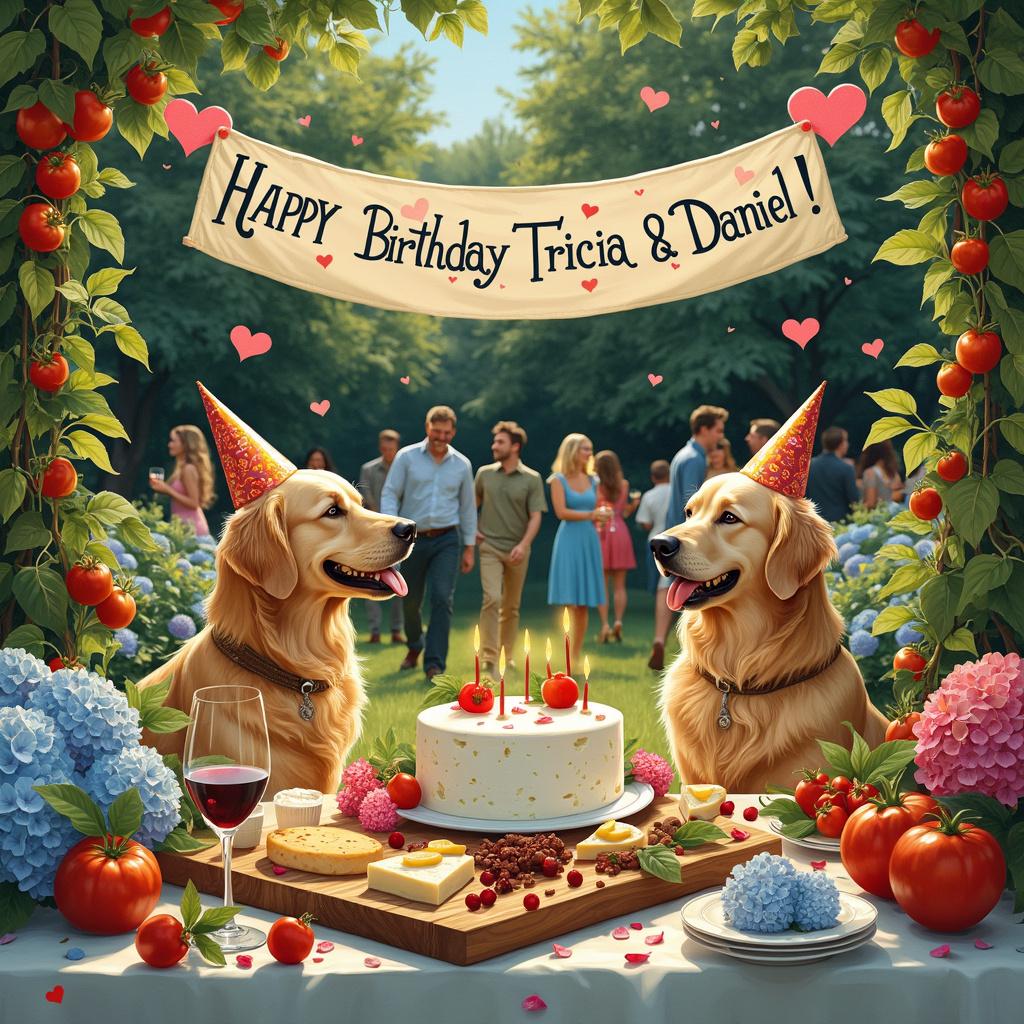 A bustling garden party scene illustrates Tricia & Daniel's gratitude. A large banner with playful fonts reads 'Happy Birthday Tricia & Daniel!' held aloft by two golden retrievers wearing party hats. Guests mingle, enjoying glasses of fine wine, surrounded by blooming hydrangeas and tomato vines heavy with ripe fruit. A cheese board overflows with artisan selections, nestled amongst heart-shaped ornaments that add a whimsical touch without being overtly romantic. In the garden's center, a grand table displays a cake adorned with edible hydrangea blooms, awaiting the celebratory moment.
Generated with these themes: Golden retreivers, Wine, Large garden, Family, Tomatoes, Hydrangeas, Cheese, and Heart shaped items but not too romantic.
Made with ❤️ by AI.