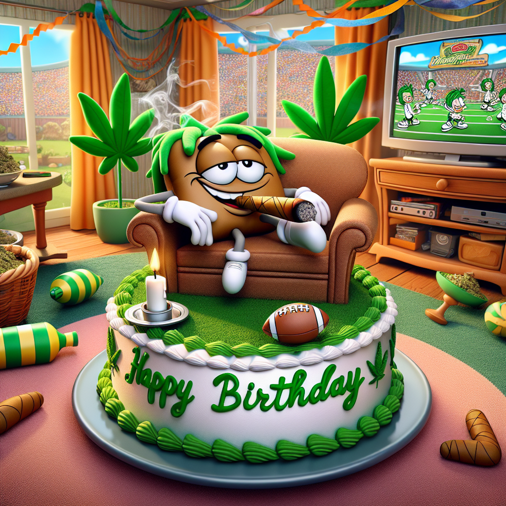 A whimsical illustration showcasing a comfortable cartoon living room, decorated elegantly for a birthday celebration. The room features an animated plush caricature of a cigar lounging on an enticingly designed cake with a mini football, enhancing the celebratory mood. Instead of marijuana leaves, cartoon leaves in shades of green serenely float in the air, adding a sense of festivity. In the background, a cartoon television displays a classic football game, while streamers and a jovial 'Happy Birthday' garland drape across the room, providing a joyful atmosphere.
Generated with these themes: Cigars, Football, and Marijuana.
Made with ❤️ by AI.