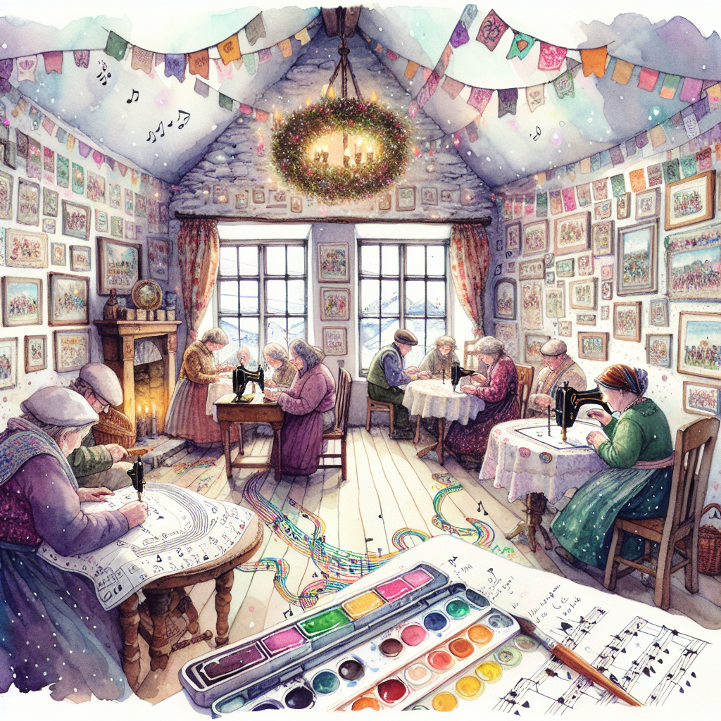 Generate an image of a whimsical birthday celebration set inside a cozy Irish cottage. The scene is bathed in soft watercolor tones, adding a delicate charm to the environment. Musical notes are seen winding through the air, their path suggesting the cheerful sound of an Irish jig playing in the background. Guests of a variety of descents and genders are engrossed in sewing endeavours, their hands diligently adding to a bright, celebratory tapestry. The cottage walls are generously decorated with pages from an art journal, each detailing colourful memories of past parties. An open watercolor palette occupies a place of honor in the room, inviting each participant to add their own artistic touch to a communal birthday artwork.
Generated with these themes: Irish music, Sewing, Watercolour painting , and Art journal.
Made with ❤️ by AI.