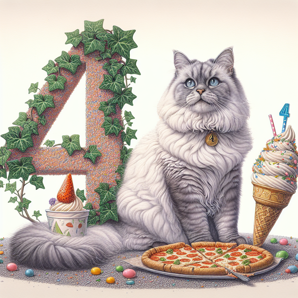 Create an endearing illustration that encapsulates the fourth birthday celebration of a charming grey Birman cat. The cat's fur is exquisitely soft and meticulously detailed, amplifying its overall charm. It gaily sits in front of a large number '4' that appears to be sculpted out of delectable ice cream, garnished with an array of vibrant sprinkles on top. A slab of pizza, enticingly cheesy, is positioned prominently at the forefront. The composition is embraced by delicate foliage from an ivy plant, injecting a dash of vitality and the allure of nature, thereby heightening the jubilant ambience of the birthday theme.
Generated with these themes: Cute grey birman cat, Ice cream, 4th birthday, Pizza, and Ivy.
Made with ❤️ by AI.