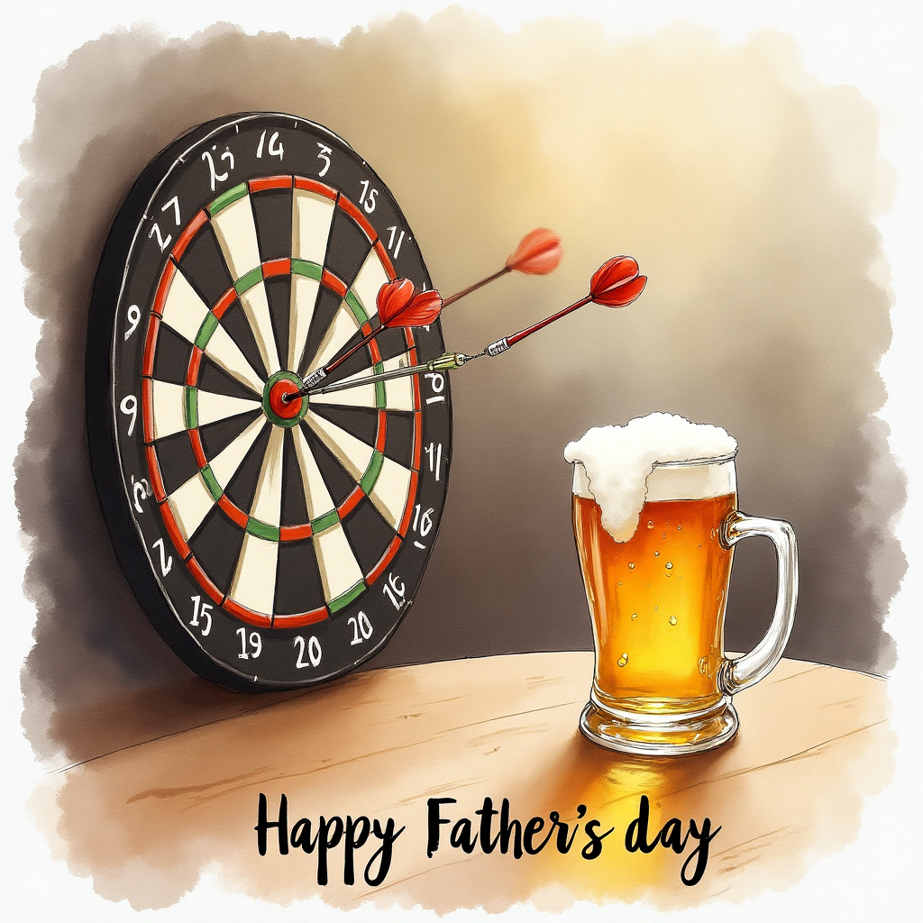 At the bottom of the Watercolor Style image, the text reads: **Happy Fathers Day**

---

### Image Prompt:

Imagine a cozy pub scene, delicately rendered in soft watercolors. On the left, a dartboard with a few darts perfectly embedded near the bullseye. On the right, a wooden table with a frothy pint of beer catching the light, its glass glistening with droplets of condensation. The background is a gentle blur of warm hues, suggesting a friendly and inviting atmosphere. A faint aroma of hops and laughter almost seems to waft from the page. Above the scene, a subtle caption reads: "To the dad who's always on target!" 

The overall composition conveys warmth and appreciation, capturing the essence of relaxation and skillful play, a perfect homage to a beloved father.
Generated with these themes: Darts, Beer, and .
Made with ❤️ by AI.