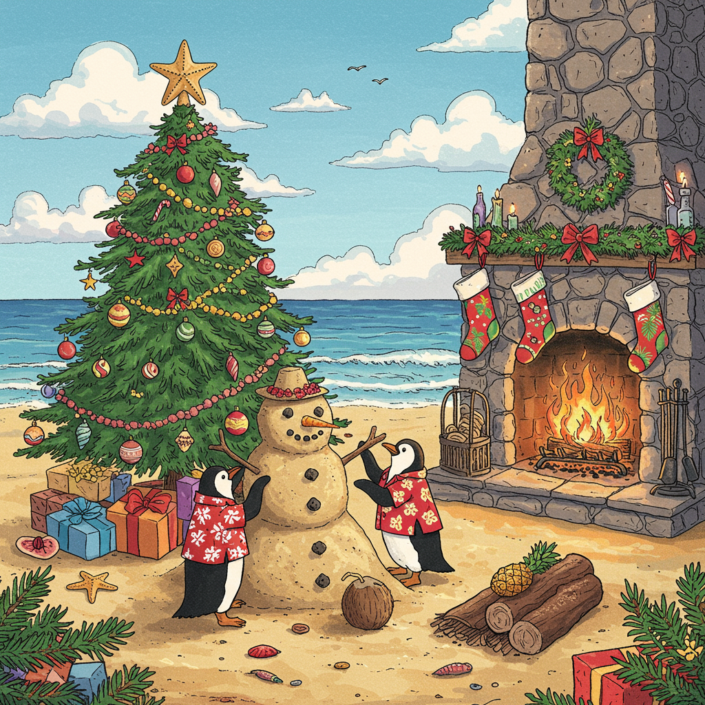 In this whimsical and quirky Christmas greeting card, imagine a vibrant, hand-drawn illustration teeming with eccentric details and unexpected juxtapositions that evoke a playful sense of holiday cheer.

The foreground is dominated by a Christmas tree that stands proudly in the sand, its branches festooned with ornaments that glitter like precious gems. The tree's needles are lush and deep green, each needle meticulously rendered in shades of emerald and jade. Decorated with strings of vivid lights that glow in every color of the rainbow, the tree is crowned with a star made of seashells, shimmering with iridescent hues of pearlescent pink and seafoam green.

Beside the tree, three penguins dressed in bright red and green Hawaiian shirts are busily constructing a sand snowman. The penguins, with their tuxedo-like plumage, are captured mid-motion: one balances precariously on one flipper, adding a coal button to the sandman’s torso; another adjusts a coconut hat on its head, while the third places sunglasses over its “face,” a clever twist on the traditional snowman carrot nose, which here is a small, curled piece of driftwood.

To the right, a rustic stone fireplace, incongruously nestled in the beach setting, crackles with a cozy fire. The fire’s flames dance in oranges and yellows, their reflections flickering on the smooth stones that frame the hearth. Stockings, each patterned with tropical motifs like pineapples and palm leaves, hang neatly from the mantle. Above the fireplace, a garland of real pine branches interwoven with red hibiscus flowers adds a touch of wintery freshness.

The background features a serene ocean, its waves depicted in a blend of cerulean and turquoise, gently lapping at the sandy shore. In the sky above, fluffy clouds in soft pastels—blush pinks, lilac, and pale gold—drift lazily, suggesting the warmth of a tropical afternoon. Near the horizon, a sailing boat, with sails made from candy cane stripes, cuts a charming figure against the backdrop of the setting sun, whose rays spill outwards in warm, golden beams.

This imaginative scene is a delightful blend of holiday and summer elements, encouraging the viewer to revel in the magic of Christmas from an unexpected, sun-kissed perspective.
Generated with these themes: Christmas tree, Penguins, Sand snowman, Fireplace, and Summer.
Made with ❤️ by AI.