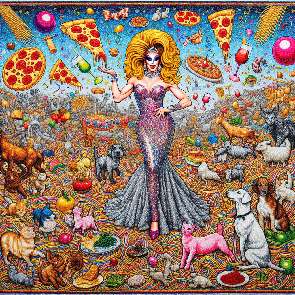 Visualize a colorful and lively birthday tapestry. In the heart of this tapestry, a glittering drag queen of indeterminate descent stands out confidently. The scene displays an extraordinary amalgamation of Italian food, with pizza slices and strands of spaghetti transforming into quirky patterns. Cats and dogs, depicted in an abstract art style, are seen frisking about, while humorous goats prance across the material. The surface is further embellished with patterns resembling playful paths left by snails. All of these components come together to create an atmosphere of joy and festivity.
Generated with these themes: Drag queen , Pasta , Pizza, Cats , Dogs, Goats, and Snails.
Made with ❤️ by AI.