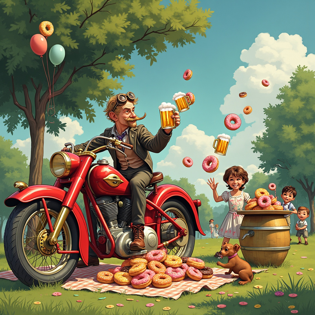 The scene is set in a whimsical, lively outdoor setting that combines elements of Norman Rockwell's detailed realism and Quentin Blake's playful lines. Picture a sunlit park with lush, green trees and a vibrant blue sky with fluffy white clouds, creating a cheerful backdrop. In the center of the scene, there's a shiny red motorbike parked on a picnic blanket. The motorbike is festooned with streamers and balloons, and its seat has been converted into a doughnut dispenser, complete with a retro-style lever. Doughnuts of various flavors and colors—pink with sprinkles, chocolate glazed, and classic powdered sugar—cascade down the seat, creating a deliciously chaotic pile at the base of the bike.

Next to the motorbike, there's a rustic wooden table set up with a frothy, golden beer keg. The keg has an old-fashioned brass tap and is surrounded by oversized beer mugs, each intricately detailed with frosty condensation and tiny etchings of frolicking woodland creatures inspired by Beatrix Potter. A mischievous squirrel, straight out of a Maurice Sendak book, is perched on the edge of the table, attempting to dip its paw into one of the mugs. 

Around the table and motorbike, a group of animated characters are celebrating. In the style of Edward Gorey, one figure is an eccentric gentleman with a long mustache, wearing a vintage leather biker jacket and goggles, raising a beer mug in a toast. Another character, a dainty lady in a 1920s flapper dress adorned with Aubrey Beardsley-esque intricate patterns, is laughing while balancing a tower of doughnuts on her head. 

In the background, more partygoers, dressed in a mix of Victorian attire and modern biker gear, are seen engaging in various activities: a pair of children are chasing each other on mini motorbikes made entirely of doughnuts, their wheels made of jelly-filled treats. There is also a friendly dog, drawn with the charm of a Quentin Blake illustration, excitedly catching doughnuts mid-air, thrown by a gleeful toddler.

The foreground features a colorful banner strung between two trees, with the words "Happy Birthday Vinay!" written in large, playful letters. The trees' branches are decorated with fairy lights, and a couple of Maxfield Parrish-inspired ethereal fairies hover near the banner, sprinkling sparkling dust that adds a magical touch to the scene.

The overall composition is busy yet harmoniously balanced, inviting the viewer to explore every quirky detail and enjoy the festive atmosphere.
Generated with these themes: Doughnuts , Motorbikes ,and Beer.Happy Birthday vinay .
Made with ❤️ by AI.