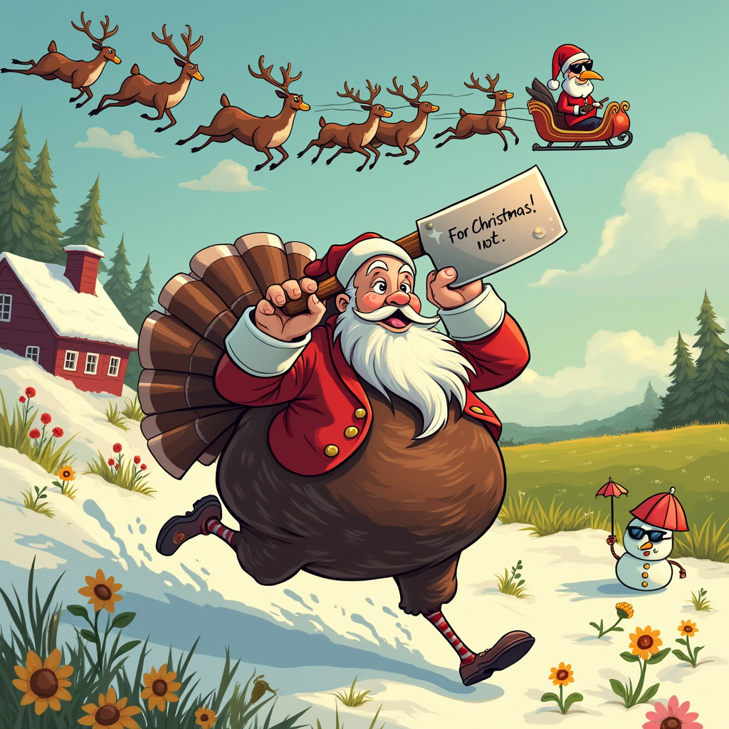 In the foreground, we have a plump turkey, feathers in a comedic ruffle, with exaggerated wide eyes and a beak agape in mock terror, sprinting across a grassy field dotted with tiny, colorful flowers. Its legs are a blur of frantic motion, reminiscent of classic cartoon chase sequences. Behind the turkey, Santa Claus is portrayed in a humorous twist from his jolly self. Clad in his signature red suit, yet slightly disheveled with a comically oversized chef's hat perched atop his head, he wields a giant, cartoonish meat cleaver aloft. The cleaver's blade gleams with an unrealistic shine, more whimsical than menacing, and is labeled humorously with “For Christmas, not Thanksgiving!” scrawled in bold letters. Santa’s bushy eyebrows are furrowed comically, and his tongue sticks out to the side, depicting an exaggerated, yet harmless determination.

The background is a snowy wonderland meeting a lush, green pasture. On the left side of the scene, snowy rooftops and candy cane-striped chimneys poke out, billowing soft puffs of smoke, hinting at the cozy homes from which Santa has temporarily diverted. On the right, the setting transitions into a sunlit pasture, dotted with cartoon-style sunflowers, illustrating the turkey’s hopeful escape into a warmer season. A single snowman, sporting sunglasses and holding a beach umbrella, stands confusedly at the border of these contrasting worlds, adding an extra layer of humor. Above, a flock of tiny, stylized reindeer in formation fly overhead, pulling an empty sleigh, comically unaware of Santa’s current culinary misadventure.
Generated with these themes: Turkey, Santa, and Turkey running away from Santa who is holding a big meat cleaver.
Made with ❤️ by AI.