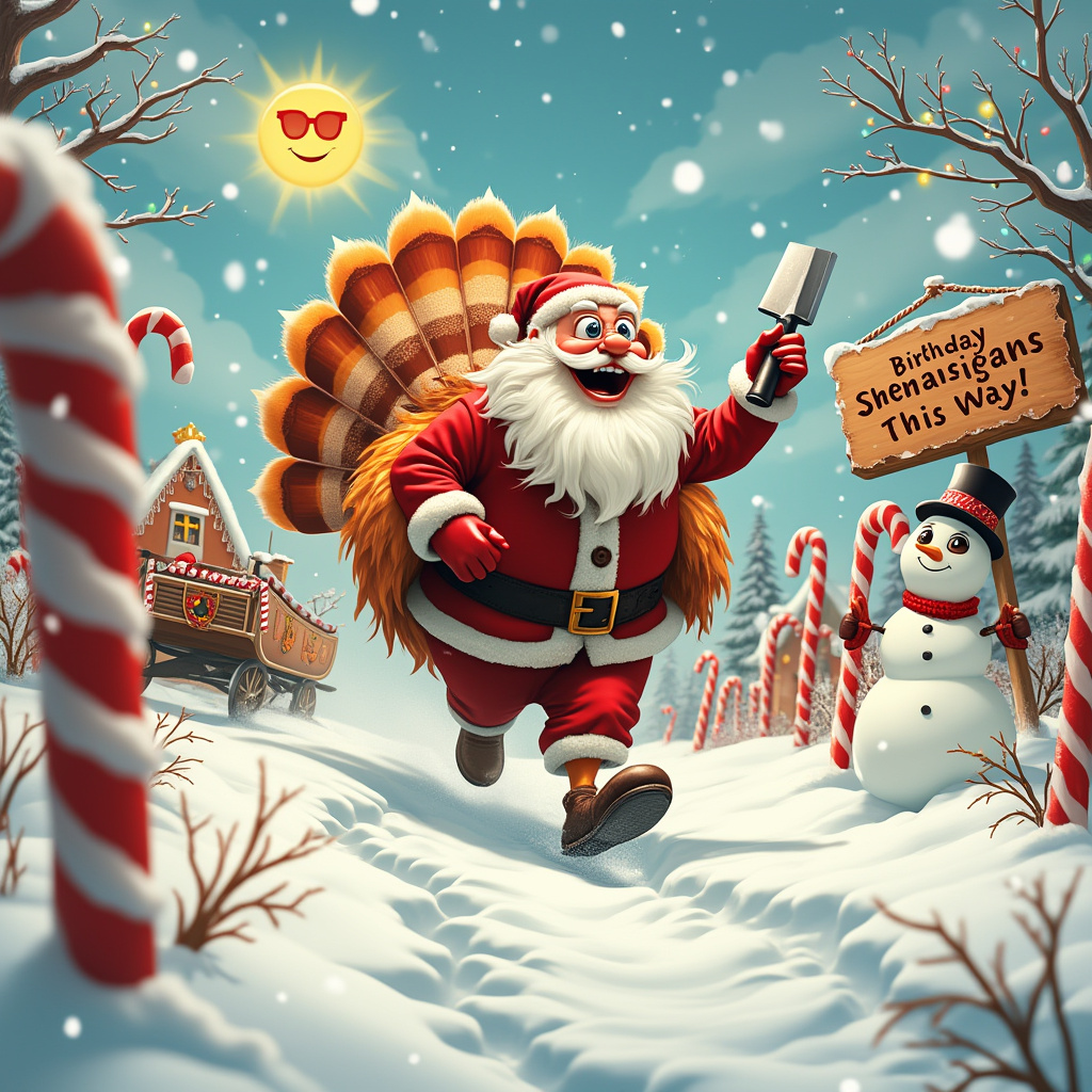 In the whimsical world of this birthday card, a grand and vibrant snowy landscape unfolds under a sky speckled with fluffy snowflakes. A comically oversized turkey, feathers a burst of autumnal oranges, reds, and golds, is sprinting through the center of the scene, wings flapping frantically as it leaves a trail of snow dust behind. Its eyes are wide with animated surprise and determination as it dodges between oversized candy canes poking out of the snow like trees.

Hot on its heels is a jovial yet exaggeratedly mischievous Santa Claus, a far cry from his usual jolly demeanor. He sports a bushy white beard and a cheeky, exaggerated grin. His crimson suit is dusted with snow, and his traditional belt is slightly askew, adding to the comical chase vibe. In his hand, he brandishes a comically large, plastic-looking meat cleaver that gleams humorously in the winter sun, giving off the impression of harmless, cartoonish menace rather than any real threat.

To the left of the scene, a sleigh is half-buried in a snowdrift, one of its reindeer watching the chase with an incredulous, wide-eyed expression, its antlers adorned with blinking, multicolored Christmas lights. On the right, a snowman, with a top hat and a carrot nose, holds a hand-painted wooden sign that reads "Birthday Shenanigans This Way!" with an arrow pointing toward the turkey's escape route.

Behind them, a backdrop of whimsical gingerbread houses peeks through the snowfall, their frosting decorations twinkling as if sprinkled with sugar crystals, complete with candy cane chimneys puffing sweet-smelling cotton candy smoke. In the sky, a cartoonish, smiling sun wears oversized sunglasses and a party hat, adding to the playful, festive chaos of the scene.
Generated with these themes: Turkey, Santa, and Turkey running away from Santa who is holding a big meat cleaver.
Made with ❤️ by AI.