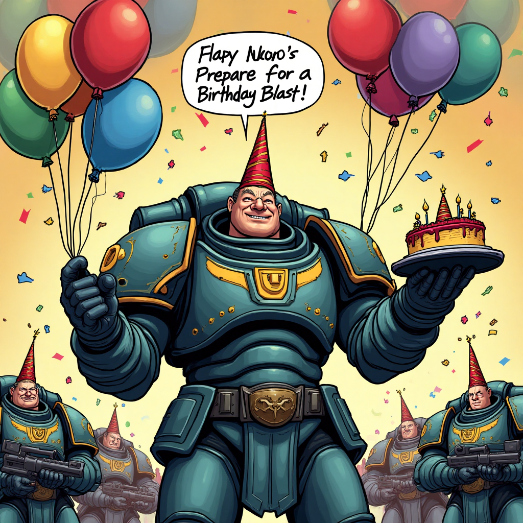 At the top of the Cartoon Style image, write "Happy Birthday Alex" in bold, vibrant letters that look like they're made of colorful birthday balloons.

Image Description: Picture a Warhammer 40k Space Marine with an oversized, comically joyful expression. He's decked out in his signature power armor, but instead of grim weapons, he's armed with an array of brightly colored birthday balloons and party streamers. The balloons are tied to his armor, and they float merrily above his head, adding a splash of color to the scene. In one hand, he's holding a giant piece of cake instead of a bolter, and in the other, a party popper ready to explode with confetti. Around him, fellow Space Marines are depicted in similarly humorous poses, all joining the celebration. Above the entire cheerful chaos, a speech bubble emerges from the main Space Marine's helmet saying, "Prepare for a Birthday Blast!"
Generated with these themes: Warhammer 40k space marine, Birthday balloons and streamers, and .
Made with ❤️ by AI.
