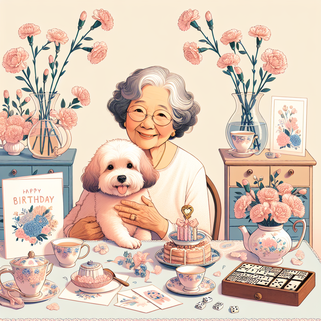 Generate an image of a heartwarming birthday-themed illustration. The image should contain a smiling elderly woman of South Asian descent sitting at a pastel-shaded table adorned with a delicate tea set. She is lovingly petting her adorable cockapoo sitting by her feet, its tail wagging enthusiastically. On the table, there should be playful birthday cards and an old set of dominoes, hinting at fun and games shared with loved ones. The background should be softly decorated with blush carnations, providing a touch of floral beauty. These flowers symbolize the love and affection of the family at the gathering.
Generated with these themes: Grandma, Cockapoo, Tea, Cards, Dominoes, and Carnations.
Made with ❤️ by AI.