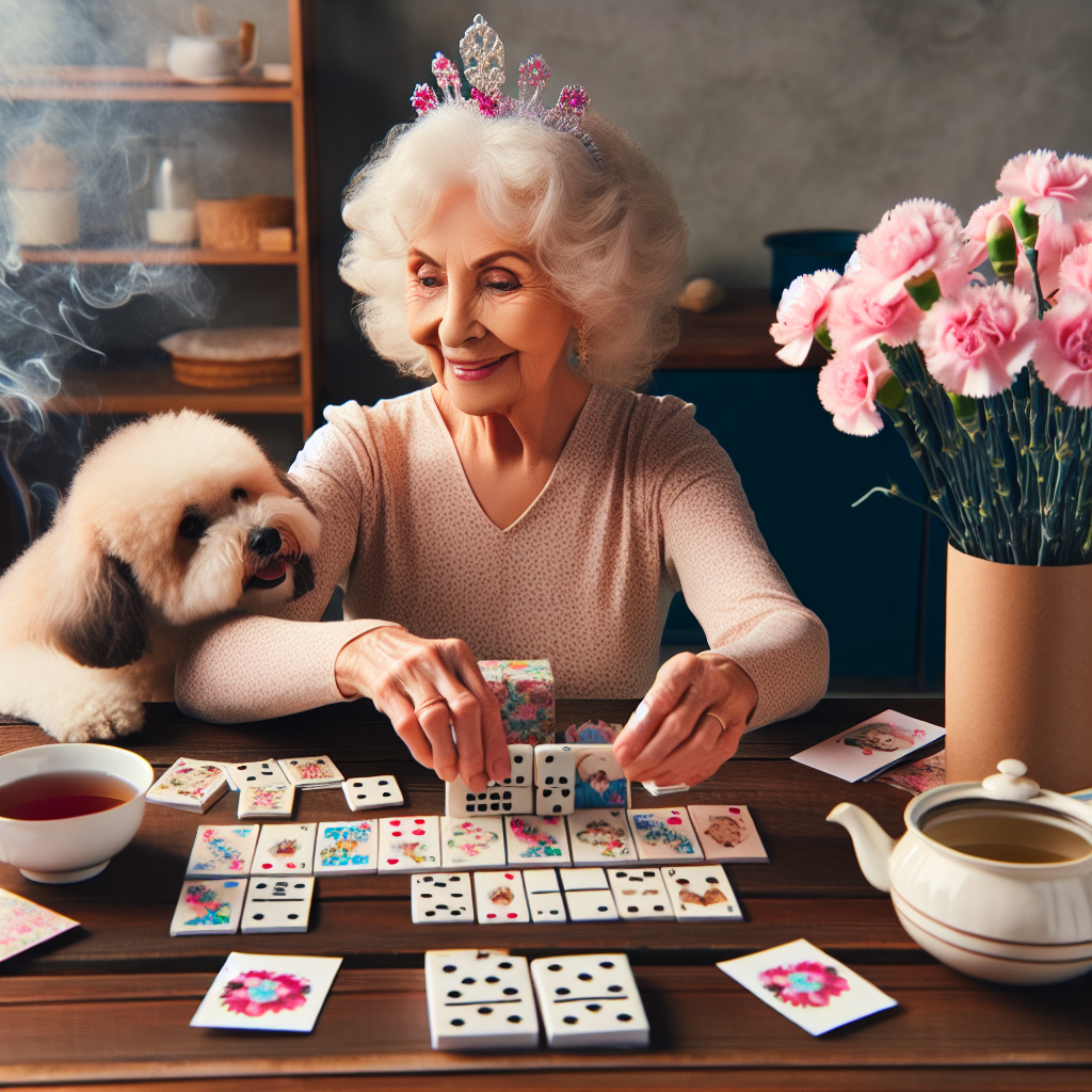 Picture a heartwarming birthday scene where an elderly lady of Middle-Eastern descent is engrossed in arranging a playful assortment of birthday cards and dominoes on a wooden table. A fluffy cockapoo playfully nudges her arm, eager for attention. Beside her, a freshly brewed pot of tea is sending curls of steam into the air, intermingling with the subtle fragrance of pink carnations that are arranged in a vase nearby. The overall atmosphere should represent family's love and the simple joys of birthday celebrations.
Generated with these themes: Grandma, Cockapoo, Tea, Cards, Dominoes, and Carnations.
Made with ❤️ by AI.