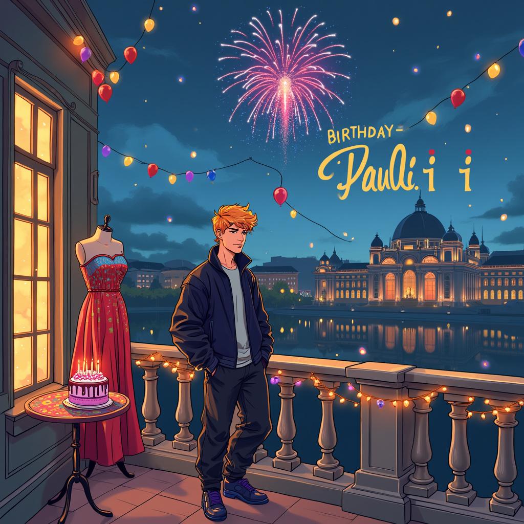 On a balcony overlooking the grand Vienna Opera House, under a beautiful night sky adorned with twinkling stars, the name 'Pauli' bursts forth in colorful fireworks. The illuminated opera house looms magnificently in the background, creating a stunning backdrop for the scene. A slender, masculine cartoon character with a striking strawberry blond short curly mullet and a broad jawline is energetically dancing. He embraces a unique blend of 90's rave and Japanese street style, wearing dark colors accented with neon, baggy pants, and an oversized jacket. Accompanying him are three friends, all dressed in eclectic and vibrant party attire, as they dance and laugh together, radiating joy.

In one corner of the balcony, a tailor's dummy stands elegantly, showcasing a stunning red gown from Dior. Above, a playful 'Happy Birthday Pauli' banner is strung across the railings, complemented by balloons tied to it, creating a festive atmosphere. A whimsical birthday cake, adorned with sparklers and colorful icing spelling out 'Pauli,' rests on a small table, adding to the celebration. Assorted balloons in dark hues with neon patterns float around the balcony, while twinkling fairy lights draped along the railing cast a warm and inviting glow, completing the enchanting scene.

Generated with these themes: A masculine slender strawberry blond cartoon character with a short curly mullet, a broad jawline, dressed for a dark 90s rave, Japanese street style in dark colors, dancing on a balcony with friends, Vienna opera in the background, and you see a tailor's dummy with a red gown from Dior. Made with ❤️ by AI.
