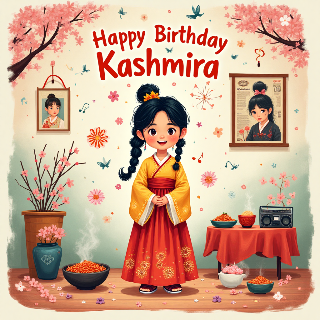 ### Option 1: 

At the top of the Illustration Style image, the text: "Happy Birthday Kashmira"

**Image Description:**

A vibrant illustration capturing the essence of both Indian and Korean cultures. On the left, a young Indian girl, Kashmira, is joyfully dressed in traditional Korean hanbok with intricate embroidery. Her hair is styled in a traditional Korean braid adorned with colorful accessories. Surrounding her are elements of Korean pop culture—posters of K-pop bands, a bowl of steaming kimchi, and tiny doodles of Korean text. The background showcases a fusion of Indian and Korean motifs, blending paisley patterns with Korean floral designs. At the top, the warm and inviting text reads "Happy Birthday Kashmira" in a playful font that dances around the illustration.

---

### Option 2:

At the bottom of the Illustration Style image, the text: "Kashmira's 16th Birthday Adventure"

**Image Description:**

A delightful scene of Kashmira immersed in a vibrant Korean-themed birthday celebration. She stands in the center, surrounded by lively elements that represent her passions. On her right, a table filled with Korean treats like tteokbokki, bibimbap, and bingsu is depicted with detailed textures and colors. On her left, a lively K-pop dance party is captured with silhouetted figures dancing and a boombox blasting vibrant musical notes. The background is a dreamy blend of pastel colors with Korean cherry blossoms gently scattered throughout. At the bottom, the bold text "Kashmira's 16th Birthday Adventure" adds a playful and cheerful touch to the scene.
Generated with these themes: .
Made with ❤️ by AI.