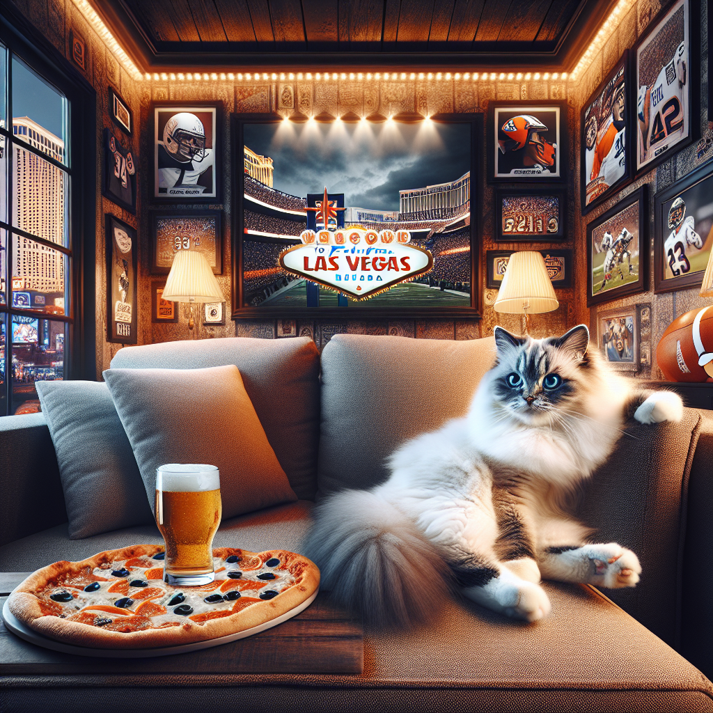 Picture a snug room, evoking the exhilarating spirit of Las Vegas, where an adorable white ragdoll cat comfortably reclines on a sofa. The walls bear tasteful displays of football memorabilia, elegantly complementing the atmosphere. On a coffee table nearby, a cool glass of beer sits next to a hot pizza, the inviting aroma wafting through the room. The overall ambiance of this space strikes a delightful balance between the electrifying energy of Las Vegas and the comfort of one's familiar living quarters.
Generated with these themes: White ragdoll cat, Football, Las vegas, Beer, Pizza , and Vacation.
Made with ❤️ by AI.