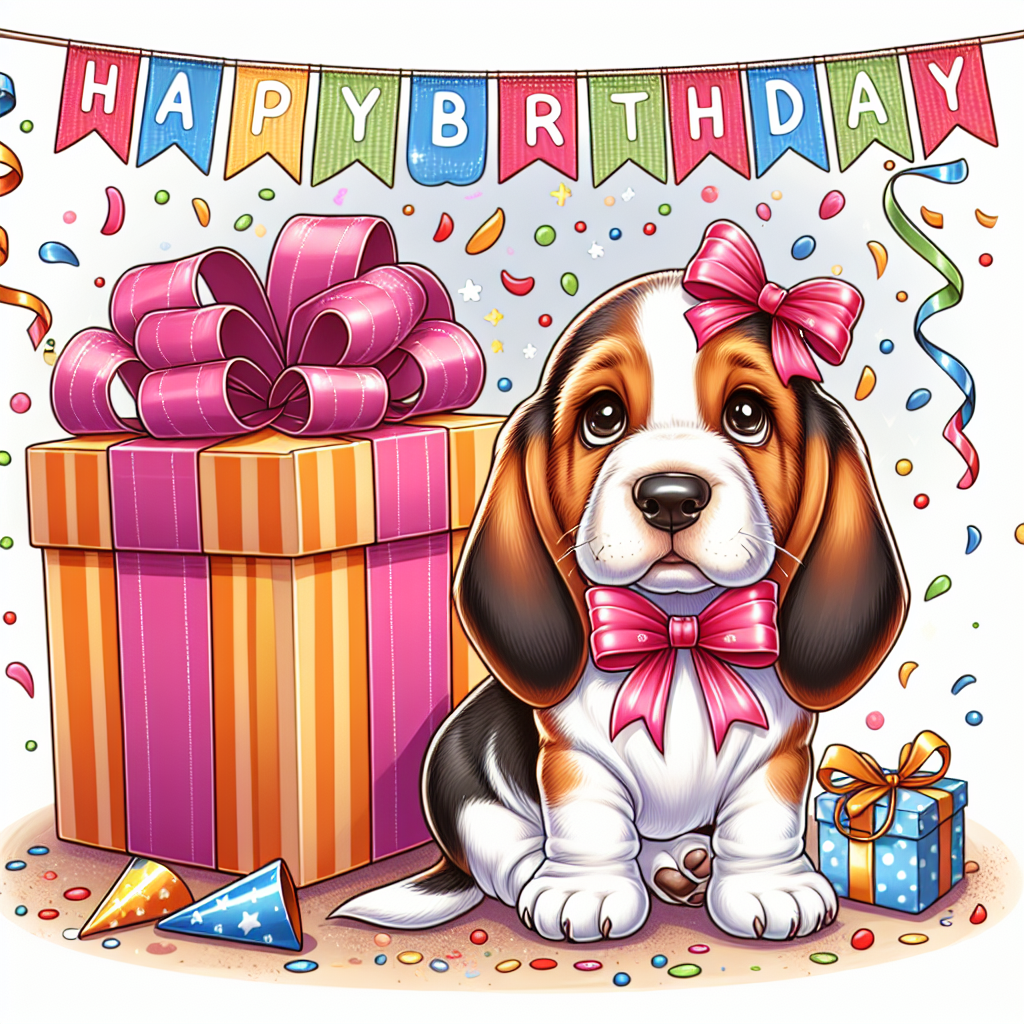 A cartoon-style drawing of a Basset Hound puppy with a birthday ribbon around its neck, sitting in front of a large gift box. Confetti is falling around and a banner with 'Happy Birthday' hangs above.
Generated with these themes: Basset Hound  .
Made with ❤️ by AI.