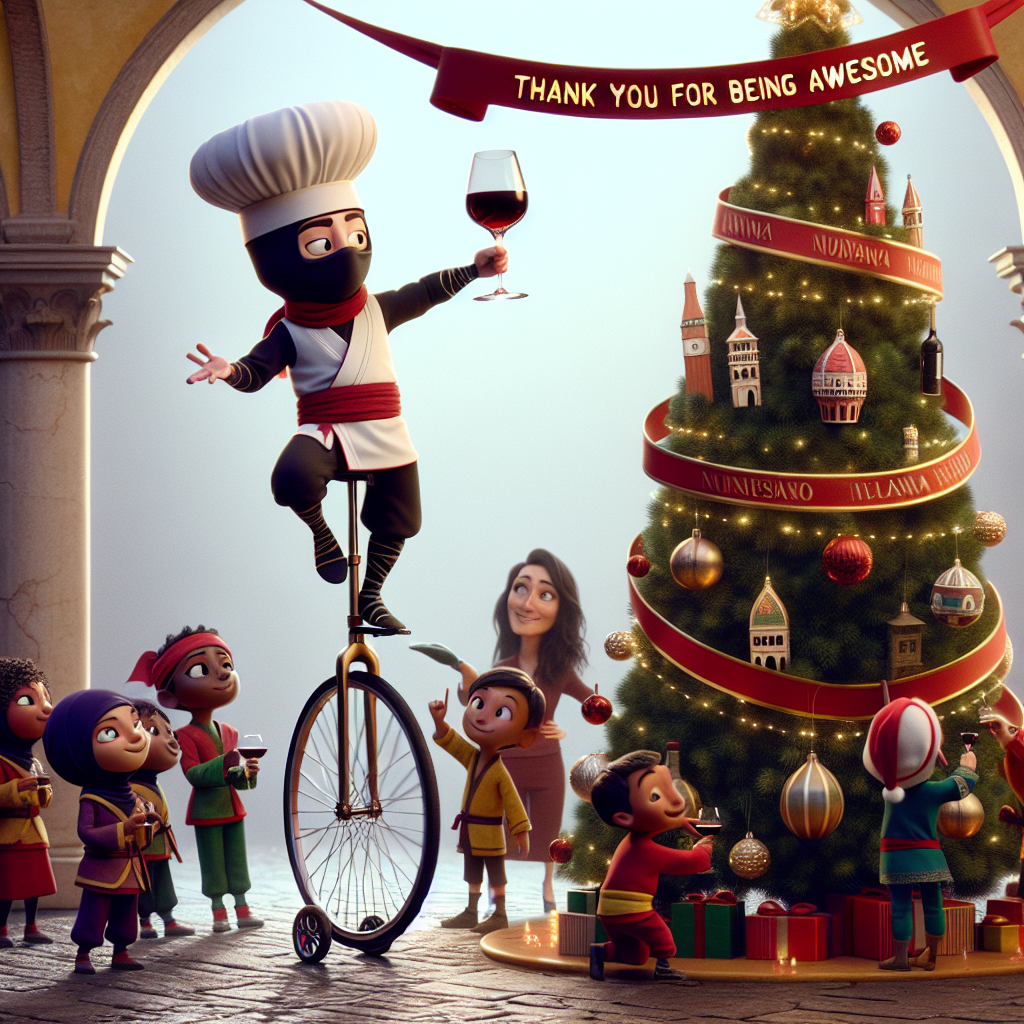 An Italian piazza springs to life in a cartoon Christmas celebration where a stealthy Italian ninja, adorned with a chef's hat, gracefully balances on a unicycle while sipping chianti. Around him, students assist their teacher in decorating a grand Christmas tree with ornaments shaped like famous Italian landmarks. Tied to the tree, a bright ribbon unfurls the message 'Thank you for being awesome.'
Generated with these themes: Italian ninja drinking wine , Teacher , and Italy.
Made with ❤️ by AI.