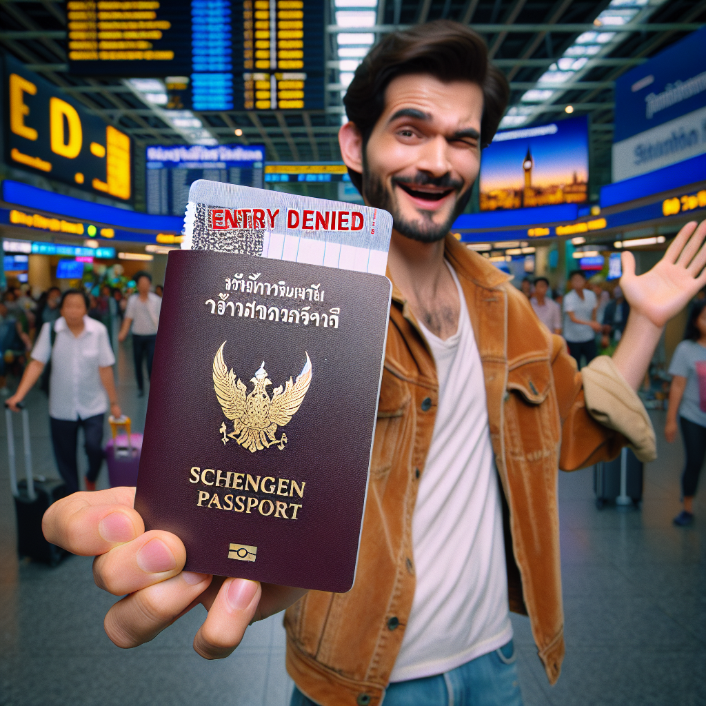 You are standing in a bustling airport terminal, making light of the situation while possessing a Thai passport in your hand. The Schengen visa page is clearly open, displaying the words 'Entry Denied'. The scene evokes a sense of humor and adventure despite the unfortunate circumstance. As you wave your passport in the air with a mischievous glint in your eye, you gleefully declare, 'Well, this portrayal is certainly one for the books! Remember folks, always check the visa status before bidding farewell!'. The atmosphere is light-hearted, turning a somewhat disappointing incident into a fond memory.
Generated with these themes: thai passport with schengen visa page saying 'entry denied'.
Made with ❤️ by AI.