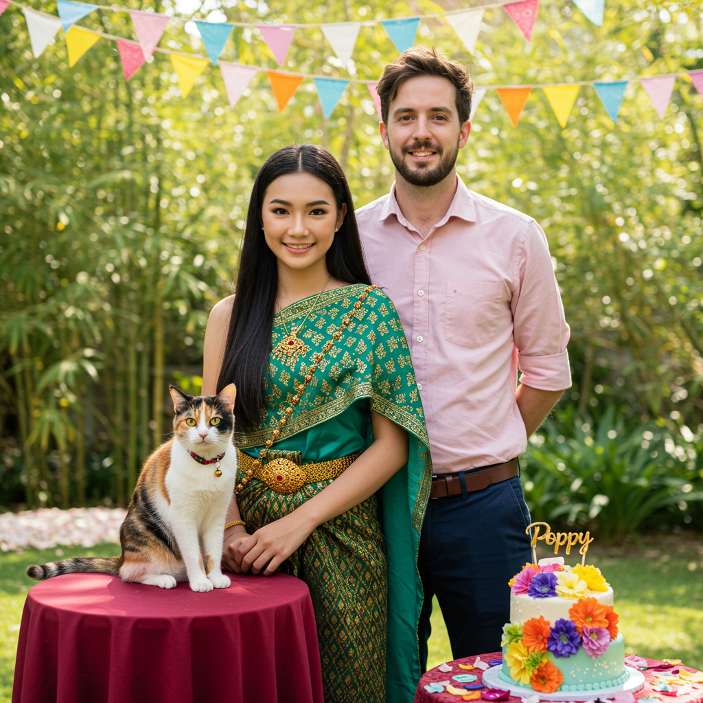 Front and center, a medium-sized Thai girl stands joyously in a festive scene. She is wearing a vibrant traditional Thai dress, intricately detailed with gold embroidery and floral patterns in shades of emerald green and royal blue. Her long, lustrous black hair cascades down her back, catching a hint of sunlight.

To her side, a tri-colored cat with striking patches of white, ginger, and black perches gracefully on a small table draped with a crimson cloth. Around the cat’s neck is a vivid red collar, and from it dangles a tiny silver bell that glistens in the light. The cat sits serenely, its eyes focused ahead.

Next to the girl, her English boyfriend stands slightly taller, his brown hair slightly tousled and his well-groomed beard giving a contrast against his soft pink collared shirt and navy trousers. His hand rests gently on the girl's shoulder as they both gaze at the scene ahead.

Behind them, a birthday cake adorned with colorful, edible flowers in hues of orange, purple, and yellow sits on a larger table. On top of the cake, a small white banner with the name “Poppy” written in elegant gold script catches the eye.

The background depicts a serene garden setting with tall, swaying bamboo and a scattering of fragrant plumeria flowers on the ground. In the sky above, a string of vibrant, multicolored bunting dances in the gentle breeze, adding a splash of color against the blue sky.

This scene captures the essence of a harmonious birthday celebration, rich in cultural elements and personal touches.
Generated with these themes: Thai girl medium size in dress with long black hair, Thai lady has white, ginger and black cat with red collar and bell, and English boyfriend with brown hair and beard.
Made with ❤️ by AI.