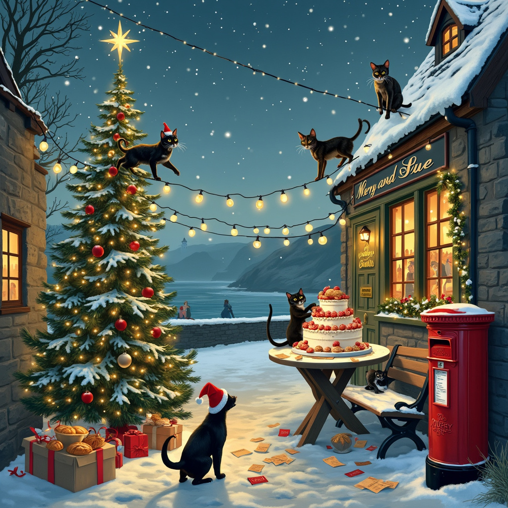 In the foreground of the Christmas greeting card, envision a cozy, festive Cornish harbor town decorated for the holidays. A cheerful little black dog wearing a Santa hat is tugging at a long string of Christmas lights tangled around a trio of mischievous cats. The cats are in various positions: one is halfway up a Christmas tree that's been set up on the cobblestone street, another is sitting on a nearby bench with a smirk, and the third is caught mid-leap from a rooftop adorned with twinkling fairy lights.

Next to the bench, a sturdy table is set up, holding an elaborate multi-tiered Christmas cake decorated with miniature edible versions of traditional Cornish pasties and cream tea scones. Perched on top of the cake is a small fondant banner that reads "Merry Christmas Jeff and Sue" in red and green icing.

Further in the background, you can see the calm sea of the Cornish coast with a quaint lighthouse in the distance. The sky is dusk, transitioning into night, and it's filled with twinkling stars that form the words "Jeff and Sue" within a constellation. Along the harbor, there's a charming little pub with a sign swinging gently in the breeze that reads "The Merry Pint," and through the windows, you can see jolly patrons raising glasses of vodka in holiday toasts.

Snow is gently falling, blanketing the town in a thin layer of festive white. A vintage red post box is set beside the Christmas tree, with letters spilling out, addressed to "Santa, North Pole." The entire scene is bathed in the warm glow of holiday lights, capturing a whimsical and joyful Christmas moment in this quaint Cornish town.
Generated with these themes: Small black dog, Cats, Cake, Vodka , and Cornwall .
Made with ❤️ by AI.