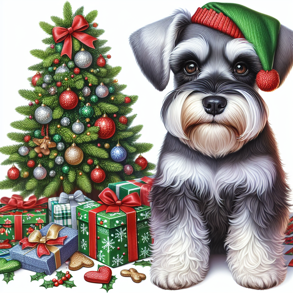 The illustration shows a moderate-sized Schnauzer dog, boasting a grey and white coat and soulful dark brown eyes, cheerfully wearing a green elf hat while positioned next to a decorated Christmas tree, with presents scattered around its paws.
.
Made with ❤️ by AI.