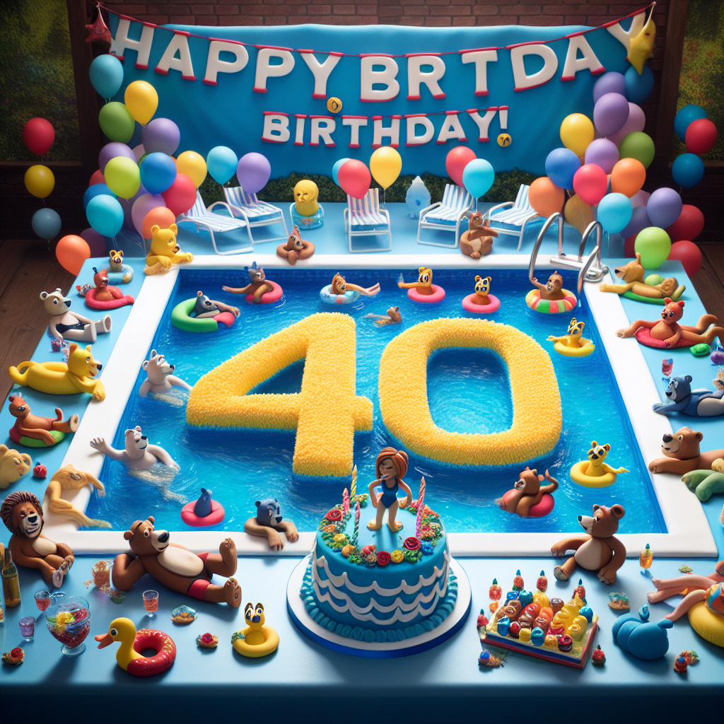 Create an image of a birthday celebration at a pool for a person's 40th birthday. The scene should include: a large, inviting pool filled with clear, blue water; a bold, colorful banner reading 'Happy 40th Birthday!'; a collection of cartoon animals on one poolside, partying with '4' and '0' shaped floatation devices; a decorative cake on the other side topped with a fondant figure of the birthday guest in swimwear, complete with a '40' medallion about their neck; and scattered clusters of multi-colored balloons with '40' numerals attached to lounging chairs around the pool. The cake contains icing in the form of waves and the tablecloth on which it is placed should feature miniature swimming symbols.
Generated with these themes: Swimming, and 40.
Made with ❤️ by AI.