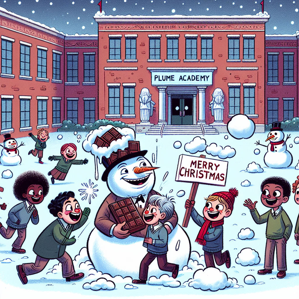 In this light-hearted illustration, the schoolyard of Plume Academy is transformed into a winter wonderland, where a tired teacher is playfully pelted with soft, chocolate snowballs by happy children. A snowman in the background holds a sign saying 'Merry Christmas' in a child's scrawly handwriting, with a carrot nose humorously replaced by a chocolate bar.
Generated with these themes: Plume Academy, School, Tired teacher , Chocolate , and Happy Children .
Made with ❤️ by AI.