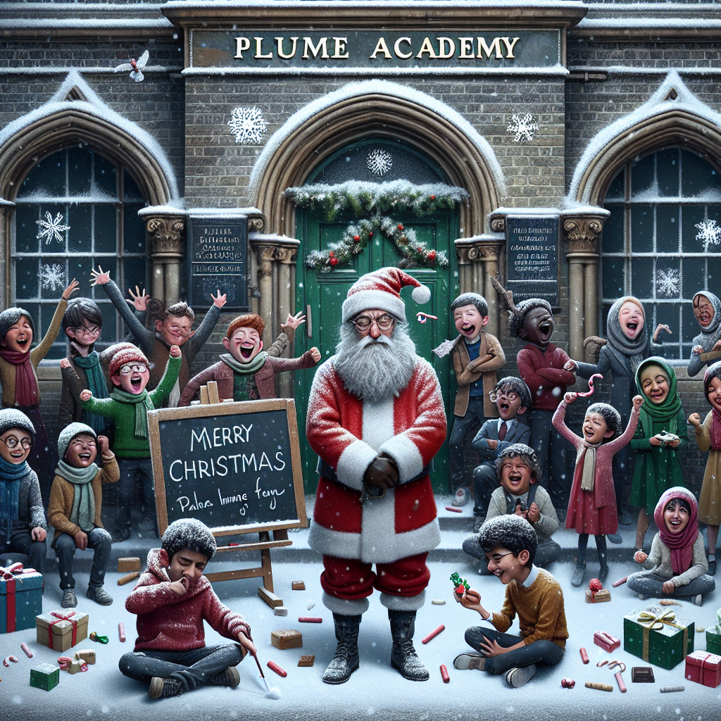 A humorous Christmas illustration features the facade of Plume Academy with a visibly tired teacher dressed as Santa Claus, surrounded by joyful children. Snowflakes are subtly shaped like chalk and the school is adorned with festive decorations. A happy child is playfully tossing chocolates into the air, resembling miniature reindeer. The greeting 'Merry Christmas' is whimsically written in chalk on the school's blackboard outside.
Generated with these themes: Plume Academy, School, Tired teacher , Chocolate , and Happy Children .
Made with ❤️ by AI.