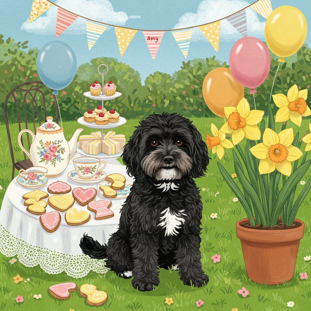 The front cover of the birthday greeting card features a lively and detailed scene set in a vibrant garden during the afternoon. At the center, a black cockapoo with a distinctive white chin sits proudly on a plush green lawn. The cockapoo's fur is meticulously textured, capturing the curls and sheen of its coat, with a playful glint in its eye.

Surrounding the dog, a variety of colorful cookies are artistically arranged on a vintage white lace tablecloth. The cookies are decorated in pastel shades of pink, yellow, and blue, with some shaped like hearts and stars, adding a whimsical touch to the scene.

To the right, a cluster of bright yellow daffodils sways gently, their petals and stems detailed to show their unique trumpet-like shape and vibrant green leaves. They are rooted in a terracotta pot with intricate designs etched around its rim.

Above, a string of festive bunting spans the card, featuring alternating triangular flags in bold patterns of stripes and polka dots, in colors of red, blue, and yellow. Among the bunting, one flag stands out with the name "Amy" elegantly scripted in a lively pink font, ensuring it's eye-catching yet harmonious with the rest of the design.

In the background, a traditional afternoon tea setting is visible. A delicate porcelain teapot adorned with floral patterns sits next to matching cups and saucers. A tiered cake stand holds an assortment of mini sandwiches and pastries, each item detailed with care to showcase their delectable allure.

The entire scene is set against a backdrop of soft blue sky dotted with fluffy white clouds, with sunlight streaming down, casting gentle shadows on the lawn. The level of detail ensures each element is distinguishable, inviting viewers to explore the vibrant birthday celebration.
Generated with these themes: Black cockapoo with white chin, Cookies, Daffodils, Bunting, and Afternoon tea.
Made with ❤️ by AI.