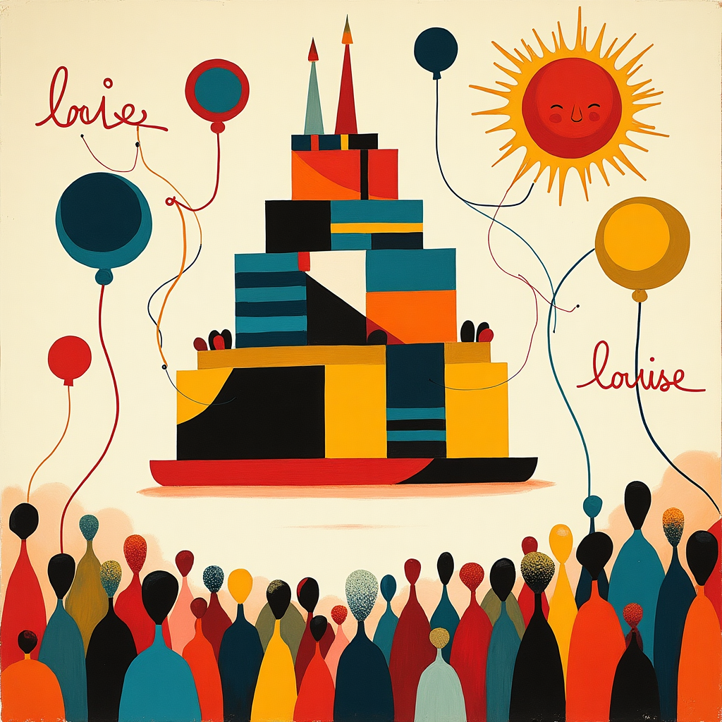 In this vibrantly abstract birthday scene, Louise is celebrated with a retro twist that dances with the spirit of 1964. Imagine a large, geometric birthday cake that hovers in the middle of the card like a colorful, Mondrian-inspired structure. Its layers are made of bold rectangles and squares in bright primary colors, interspersed with stripes of black and white. Each tier is slightly askew, giving the cake a playful, dynamic feel. Dripping down the sides in a Jackson Pollock-like splash are splatters of pastel icing, reminiscent of Rothko's abstract fields of color.

Surrounding the cake are floating, Kandinsky-inspired circular balloons, each with a single swirling line in shades of red, blue, yellow, and green, weaving around them like a whimsical, cosmic dance. These lines also echo the looping, spontaneous style of Cy Twombly, adding an energetic and celebratory feel. The background features a sky awash with soft hues in the style of Gerhard Richter, where the name "Louise" is gently brushed across in the clouds, creating a dream-like banner that unfurls across the scene.

In the lower half of the card, a de Kooning-inspired crowd of abstract figures stands in a joyful, slightly chaotic assembly, their forms melding and merging in a celebration of movement and life. These figures are painted with thick, expressive strokes in vibrant colors, capturing the lively essence of a birthday party from the swinging sixties. A surreal, Miró-inspired sun, with spindly limbs and a wide, cheerful grin, peeks from the top right corner, casting its jubilant energy over the entire scene.
Generated with these themes: 1964.
Made with ❤️ by AI.