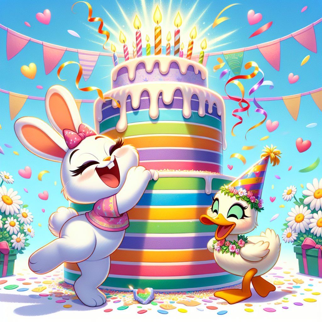 This is a heartwarming and joy-inducing cartoon-style image. The primary character is a delighted white rabbit that is playfully pawing at the streamers of a monumental birthday cake. The cake is adorned with vibrant stripes in a rainbow of colors, contributing a dazzling dash of gaiety to the scene. A female duck character, not a well-known copyrighted character but a unique creation, dons party clothes and is encircled by delicate daisies and floating hearts. The duck character chuckles in pleasure at the captivating birthday display.
Generated with these themes: White bunny, Birthday cake, Rainbow, Daisy Duck , and Hearts.
Made with ❤️ by AI.
