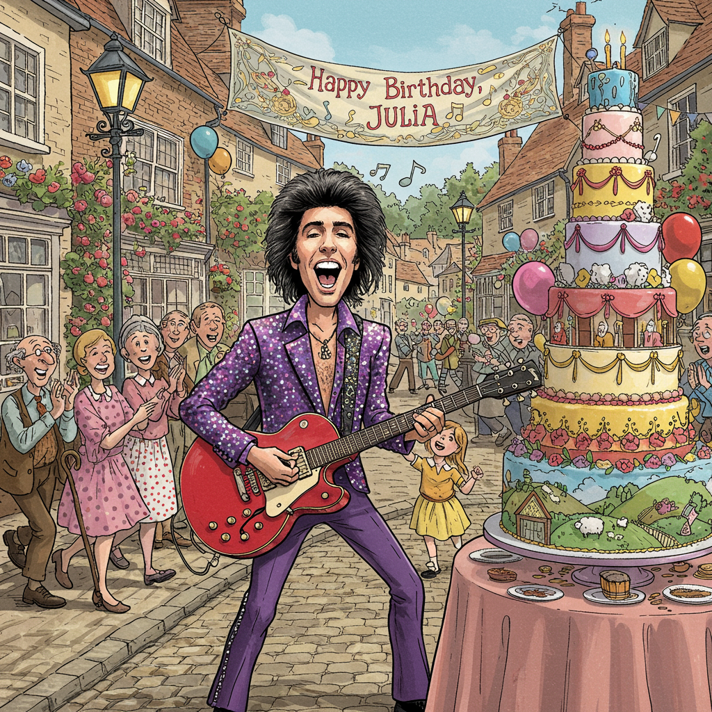 The scene is set in a charming and whimsical town square of Keynsham, a picturesque English village. The cobblestone streets are bustling with townsfolk, with quaint, Tudor-style buildings lining the sides, each adorned with colorful window boxes overflowing with bright geraniums and trailing ivy.

In the foreground, a lively scene unfolds: Donny Osmond, depicted with an exaggerated caricature style reminiscent of Quentin Blake’s spirited illustrations, stands with a wide, charismatic grin. His iconic feathered hair is captured with playful swirls and lines, while he wears a vibrant purple jacket with sequined lapels that sparkle under a bright midday sun. He is energetically strumming a bright, cherry-red electric guitar, animated musical notes and symbols swirling in the air around him.

Surrounding Donny are jubilant villagers of all ages, drawn with detailed expressions and movements that nod to Norman Rockwell’s storytelling style. They are depicted in various stages of clapping and dancing, each character distinct and vividly detailed, from a bespectacled elderly man tapping his cane to the beat, to a little girl in a polka dot dress hopping gleefully.

In the background, a large, ornately detailed banner hangs between two lampposts, illustrated with the intricate linework reminiscent of Aubrey Beardsley. The banner reads "Happy Birthday, Julia" in elegant, looping script, with the name "Julia" embellished in a radiant gold, which catches the eye amid the festivity.

To the right of the scene, a large, multi-tiered birthday cake sits atop a festively decorated table, crafted with whimsical elements akin to Maurice Sendak’s playful imagination. Each layer of the cake is decorated with a different theme: one tier resembles rolling hills with grazing sheep, another is covered in delicate sugar flowers that mimic the blooming gardens of the village.

Above the scene, the sky is a bright, clear azure with fluffy, cotton-like clouds scattered across it, rendered with the luminous quality of Maxfield Parrish’s skies. A few birds glide gracefully across the open expanse, completing the idyllic setting.

This greeting card cover is a dynamic blend of lively, hand-drawn characters and richly detailed elements, creating a celebratory tribute to Julia’s special day, with the unique twist of Donny Osmond’s surprise visit to Keynsham.
Generated with these themes: Donny Osmond visiting Keynsham.
Made with ❤️ by AI.