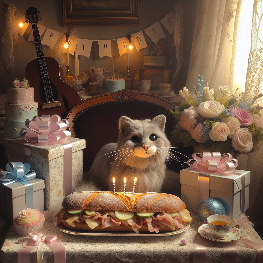 A delightful birthday setting in an intimate room bathed in gentle, warm ambient lights. At the heart of this scene is an incredibly realistic grey cat with large, expressive eyes, who is lightheartedly snuggling amongst an array of presents. The hue of the cat's fur subtly complements the soft grey and pastel birthday embellishments. A carefully assembled Muffaletta sandwich, almost too pristine to consume, takes its place as the mouthwatering centerpiece on a tablecloth with intricate floral patterns. Positioned against the table, a wooden guitar accentuated with a birthday bow adds whimsical flare, its strings reflecting light and enhancing the overall festive mood.
Generated with these themes: Grey cat, Muffaletta, and Guitar.
Made with ❤️ by AI.