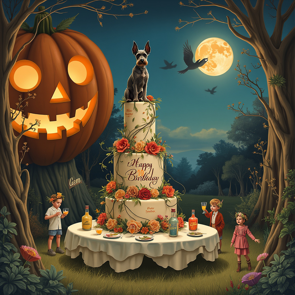 In the surreal birthday-themed scene, picture a whimsical, twilight-lit landscape infused with a blend of magical realism and intricate detail. At the center of the scene stands a flamboyant, tall birthday cake resembling Frida Kahlo's iconic headpiece, adorned with colorful flowers and intertwined vines. Perched on the very top of the cake is a dignified Schnauzer, wearing a miniature Frida Kahlo-style flower crown, balancing precariously yet confidently, holding a gin cocktail in one paw.

In the background, an enormous, enchanted pumpkin with a carved, glowing face looms, its eerie smile illuminated from within, casting an orange hue across the scene to hint at the Halloween theme. The pumpkin vines weave through the grass, and some of them spell out "Happy 40th Birthday Gem" in flourishing, ornate lettering reminiscent of Aubrey Beardsley's intricate line work.

Surrounding the cake are trick-or-treaters dressed in 1940s attire, inspired by Norman Rockwell’s nostalgic scenes, each child holding a different gin cocktail with elaborate garnishes. There's a playful, yet eerie, Maurice Sendak-inspired forest with gnarled trees encircling the scene, where mischievous woodland creatures in Halloween costumes peek from behind trunks and branches.

A moonlit sky, akin to Maxfield Parrish's dreamy atmospheres, stretches overhead, with "Gem" written in twinkling stars. Floating in this surreal firmament are ghosts, whimsically illustrated like Edward Gorey's characters, holding banners and streamers with delicate calligraphy, contributing to the festive atmosphere. 

On the ground, an antique table set for a Halloween-birthday feast features potion-like gin bottles, each labeled with playful, Quentin Blake-style handwriting, surrounded by vintage crockery with intricate, Gustave Doré-inspired designs.

Every element of the scene comes together to create a quirky, magical world where a 40th birthday, a Schnauzer, Frida Kahlo, gin, and Halloween coexist in an enchanting, harmonious tableau dedicated to "Gem."
Generated with these themes: 40th Birthday , Schnauzer , Frida Kahlo , Gin, and Halloween .
Made with ❤️ by AI.