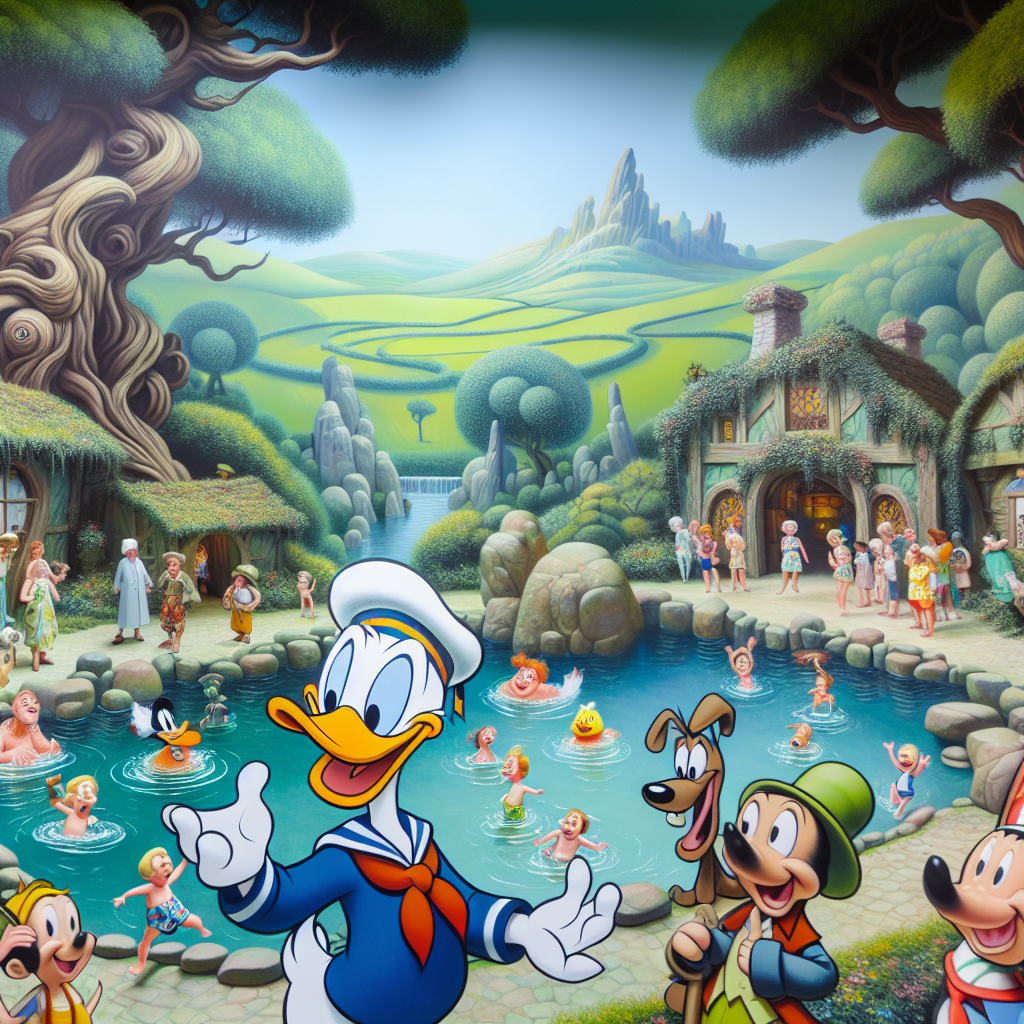 An enchanting cartoon birthday party packed with joy and wonder in an idyllic rustic scene influenced by the lush, rolling green landscapes of Ireland. Cartoon characters, including a distinctive duck with a sailor's hat and a goofy, lanky dog, are engaging with guests near a picturesque, naturally formed pond enveloped by ancient, majestic trees reminiscent of classic fairy tales. Delighted guests bask in the ambiance of a typical Irish summer festivity, attired in unique, whimsical-themed swimsuits and engaged in exciting poolside games.
Generated with these themes: Disney , Ireland, Swimming, and Trees.
Made with ❤️ by AI.