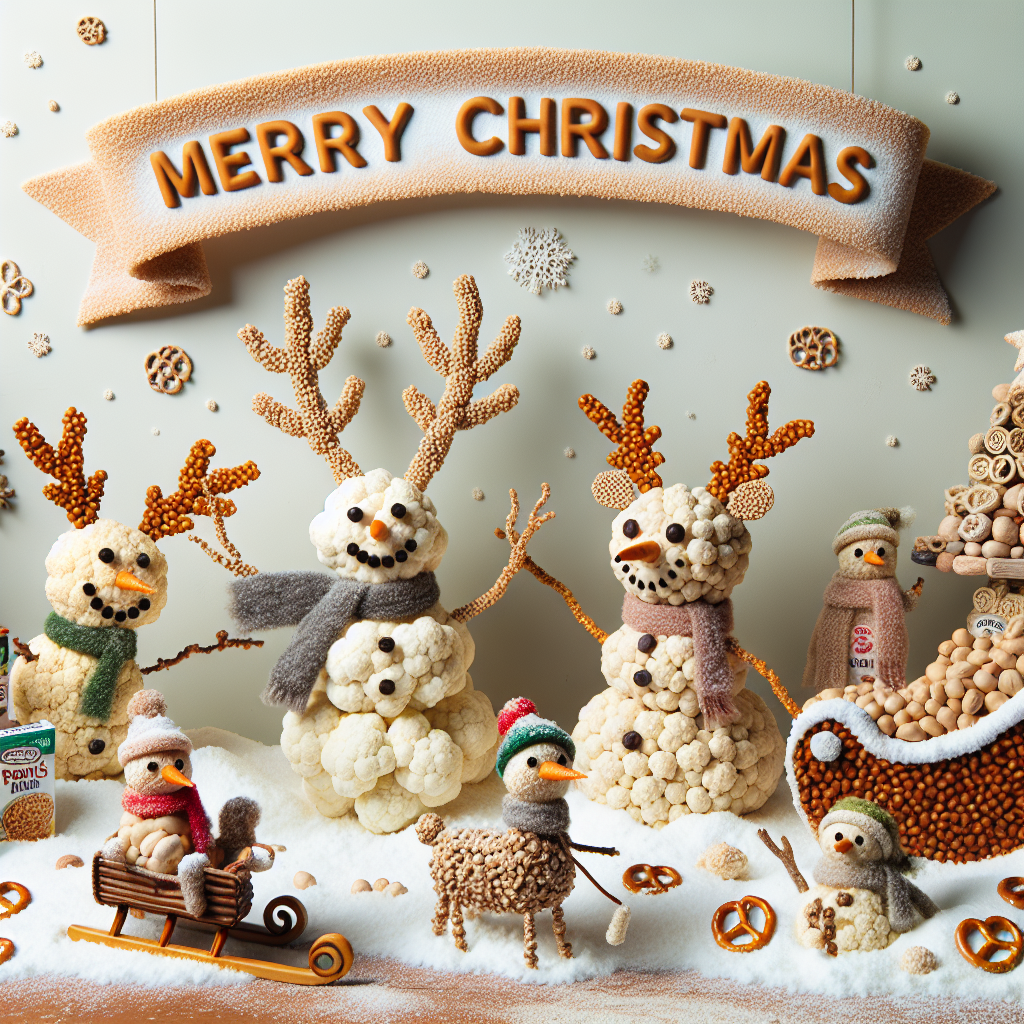 The first design features a whimsical winter scene with joyful snowmen and reindeer composed entirely of plant-based food items like pulses, cereals, and grains. Each character is playfully interacting with food elements: snowmen made of cauliflower and chickpeas, with button noses of brown lentils, and reindeer with pretzel antlers and bodies of various grains. The brand logos PLANEXT and GEOVITA are integrated into the scene as a festive banner and a sleigh, respectively. Above it all, the words 'Merry Christmas' curve in a playful font, dusted with flour-like snowflakes.
Generated with these themes: Pland based food, Pulses, Cereals, Grains, PLANEXT, and GEOVITA.
Made with ❤️ by AI.