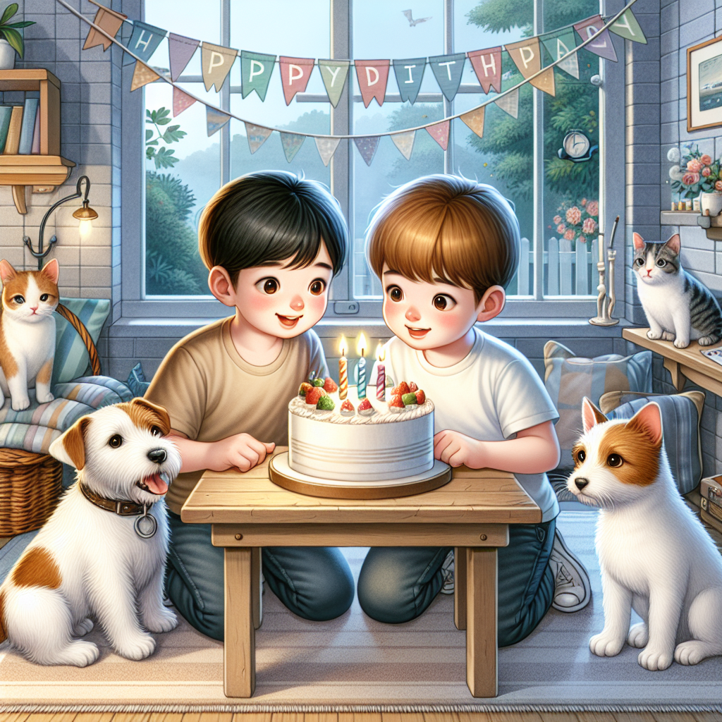 Illustrate a heartwarming scene set indoors during a birthday celebration. Two young boys - one East Asian and one Caucasian, share a cake with two candles, both of them poised to blow out their respective candle. Beside them sits their loyal white Jack Russell terrier, its head tilted as if paying attention to the 'Happy Birthday' song filling the room. In the backdrop, create two cats - one ginger and one gray-striped, curiously observing the celebration from their perch on a comfortable windowsill. Accentuate the ambience of the room with decorations like streamers and balloons, symbolizing a festive mood.
Generated with these themes: 2 sons, White jack russel, and 2 cats.
Made with ❤️ by AI.