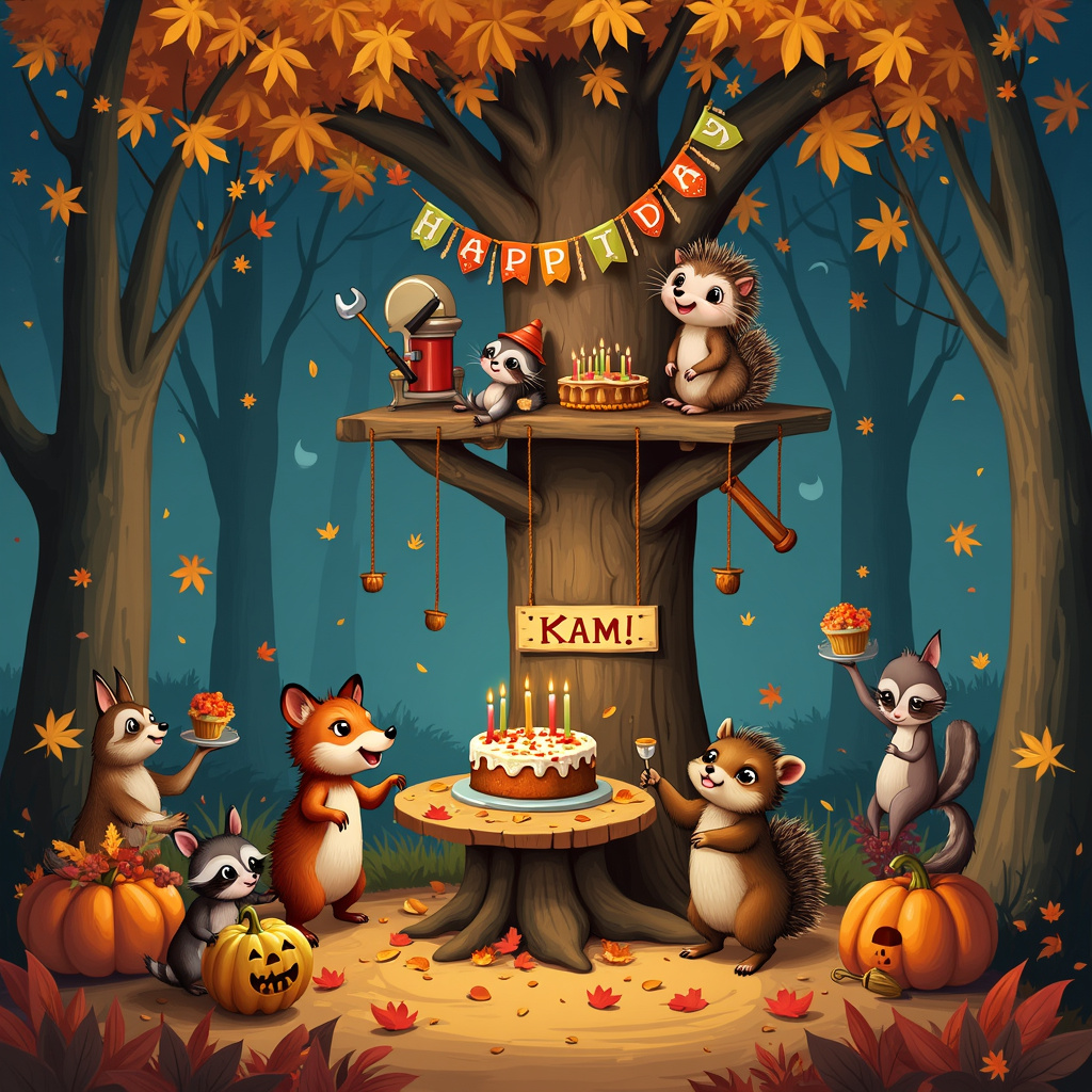 In the heart of an autumn forest, leaves of amber, gold, and crimson cascade gently from the trees, creating a vivid, crunchy carpet on the forest floor. At the center of this enchanting scene stands a tall, whimsical treehouse built into an ancient oak, with oversized nails humorously poking out at odd angles, holding the rickety wooden planks together. On the treehouse’s makeshift porch, a colorful birthday banner made of leaves, twine, and acorns spells out “Happy Birthday Kam!” in elaborate, playful script. 

Below the treehouse, a lively group of forest animals has gathered for a festive celebration. A hedgehog wearing a tiny construction hat is hammering away at another comically large nail, adding to the treehouse’s rustic charm. Nearby, a squirrel with a bushy tail is balancing an acorn cake adorned with leaf-shaped frosting, while a raccoon holds a bouquet of autumn flowers tied together with twine.

To the left, a mischievous fox is perched on a pile of pumpkins, one of which has “Kam” carved into it with a toothy grin. High above, the sky is a deep twilight blue, with whimsical clouds shaped like nail heads drifting by. A few scattered stars are beginning to twinkle, adding a magical touch to the scene.

On the ground, a line of mushroom “seats” leads to a festive table made of an old tree stump, where woodland critters are gathered, raising tiny cups made of nutshells in a toast to Kam. The autumn leaves form a natural garland around the table, adding to the warmth and charm of this woodland birthday celebration.
Generated with these themes: Nails , and Autumn .
Made with ❤️ by AI.