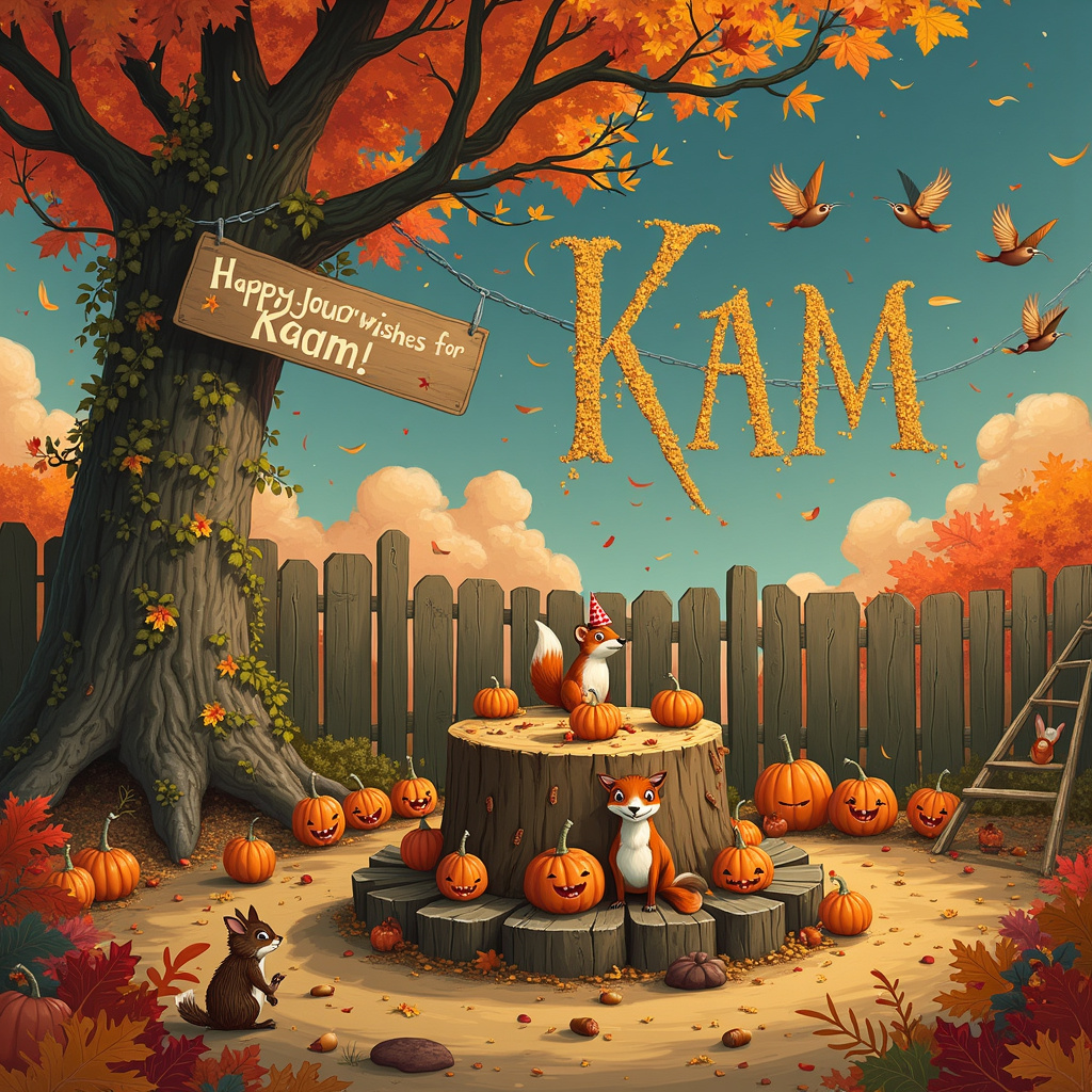 In a whimsical woodland clearing blanketed in the rich hues of autumn, a quirky birthday celebration is underway for "Kam." At the heart of the scene is a massive, ancient oak tree with its vibrant leaves in fiery reds, oranges, and golds, creating a colorful canopy overhead. Hanging from the tree's sturdy branches is a handcrafted wooden banner that reads "Happy Birthday, Kam!" in elegant calligraphy, with letters formed from intricately twisted, nail-shaped twigs.

A circle of forest creatures, reminiscent of Beatrix Potter's beloved characters but with a mischievous twist, surrounds a makeshift nail-themed birthday cake. The cake is a large tree stump, meticulously decorated with edible autumn leaves and adorned with an array of candy nails and screws made from caramel and chocolate. Squirrels, hedgehogs, and rabbits, all dressed in tiny party hats, eagerly gather around the cake, their eyes wide with excitement.

In the background, an old wooden fence, reminiscent of Norman Rockwell’s nostalgic charm, is partially covered in climbing ivy and autumnal foliage. Along the fence, a row of colorful pumpkins with exaggerated expressions and features, a nod to Edward Gorey's playful eeriness, add a touch of humor to the scene. Each pumpkin has a different goofy face, and some even have tiny nail eyes and grinning mouths made from bolts.

A whimsical Quentin Blake-inspired fox, standing upright, is hammering a festive sign into the ground that says, "Nail Your Wishes Here for Kam!" Nearby, a pile of acorns serves as the makeshift nails for partygoers to "hammer" their birthday wishes onto a large corkboard propped up against a tree.

Above, the sky is a deep, Maxfield Parrish-inspired twilight blue with fluffy, golden clouds that spell out "Kam" in a playful, swirling script. The clouds have a touch of sparkle, adding a magical glow to the scene. A flock of birds, their feathers tinged with autumn colors, flies in formation, further accentuating the whimsical birthday sky.

In the far background, a charming, Maurice Sendak-like hobbit hole door peeks out from beneath a large root, hinting at more fantastical surprises hidden in this enchanting autumnal forest.
Generated with these themes: Nails , and Autumn .
Made with ❤️ by AI.