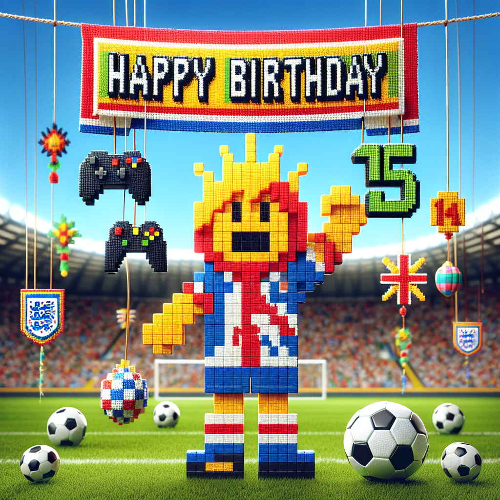 Imagine a festive scene on a soccer field. A joyful character, distinguished by regalia in the colors of a popular English soccer team, is celebrating their 15th birthday. They proudly raise a gaming controller in one hand and a soccer ball in the other, symbolizing their two passions in life - video games and soccer. Hanging above, a 'Happy Birthday' banner is festooned with playful, pixelated graphics reminiscent of classic video games. Added to this vibrant mix are soccer-themed decorations, representing miniature soccer balls as well as the emblem of the English team, providing a fun and sports-flavored touch to the gaming-inspired birthday celebration.
Generated with these themes: Soccer, Gaming, 15, and Liverpool football club .
Made with ❤️ by AI.